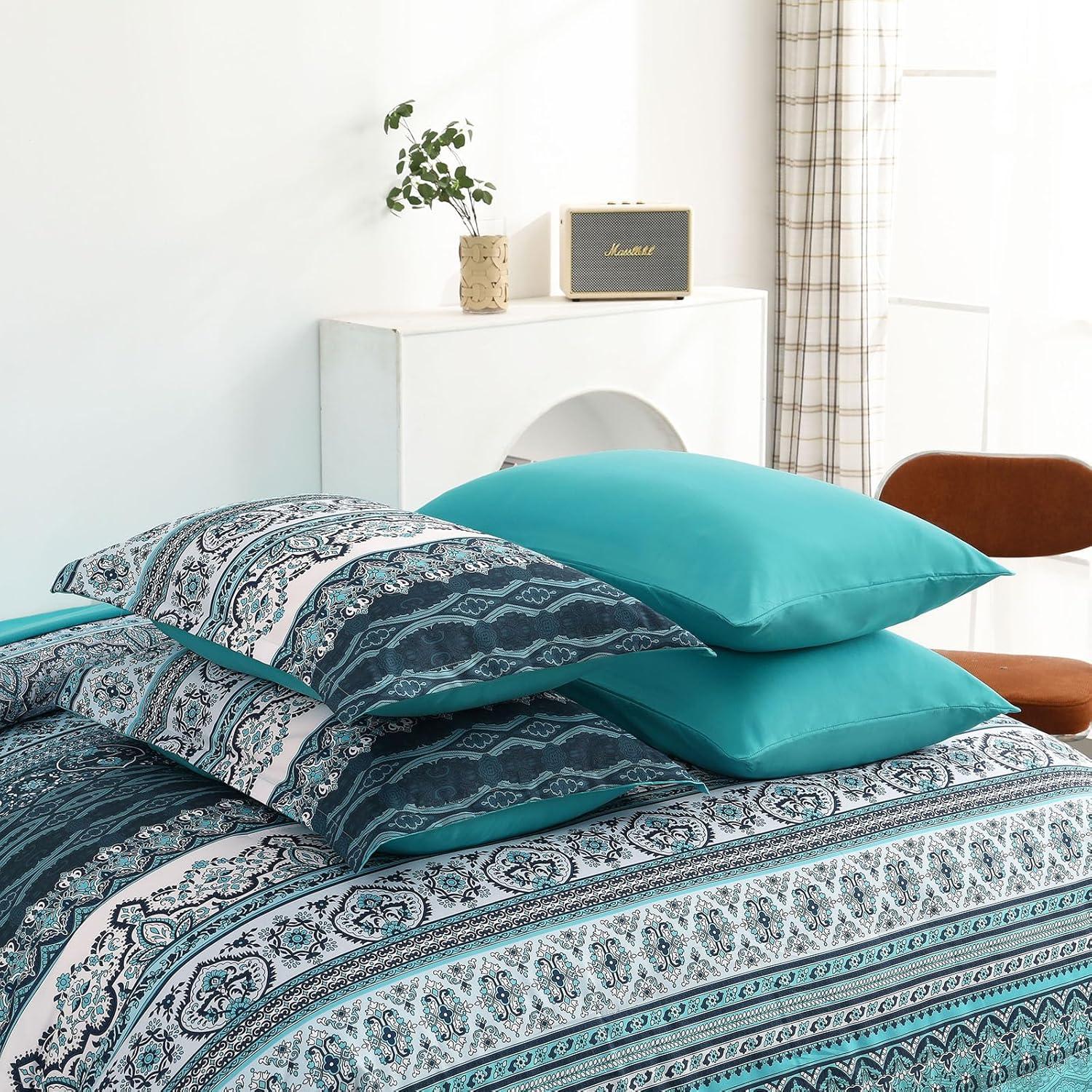 imageBoho Queen Comforter Set 8 Pieces Teal Comforter Bohemian Striped Bed in A BagSoft Microfiber Bedding Set for All SeasonsTeal