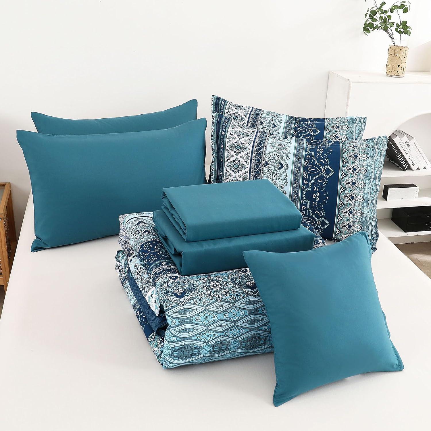 imageBoho Queen Comforter Set 8 Pieces Teal Comforter Bohemian Striped Bed in A BagSoft Microfiber Bedding Set for All SeasonsTeal Blue