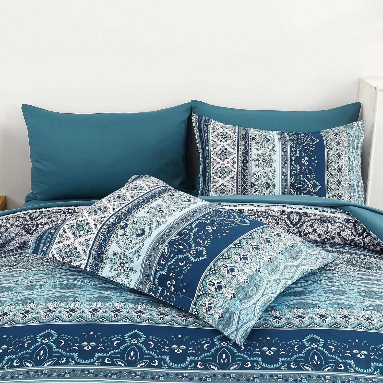 imageBoho Queen Comforter Set 8 Pieces Teal Comforter Bohemian Striped Bed in A BagSoft Microfiber Bedding Set for All SeasonsTeal Blue