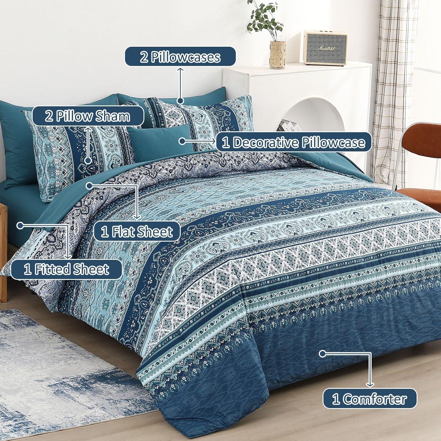 imageBoho Queen Comforter Set 8 Pieces Teal Comforter Bohemian Striped Bed in A BagSoft Microfiber Bedding Set for All SeasonsTeal Blue