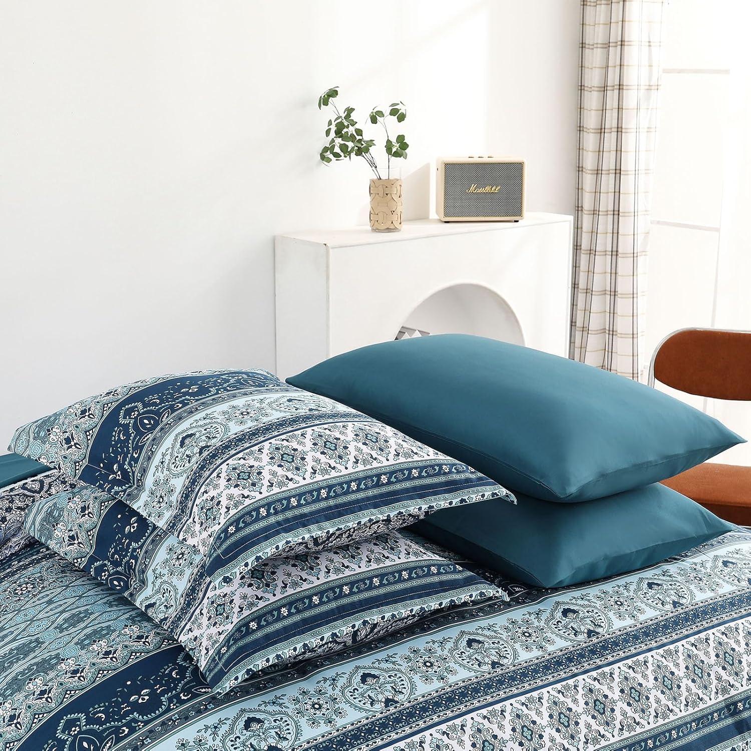imageBoho Queen Comforter Set 8 Pieces Teal Comforter Bohemian Striped Bed in A BagSoft Microfiber Bedding Set for All SeasonsTeal Blue