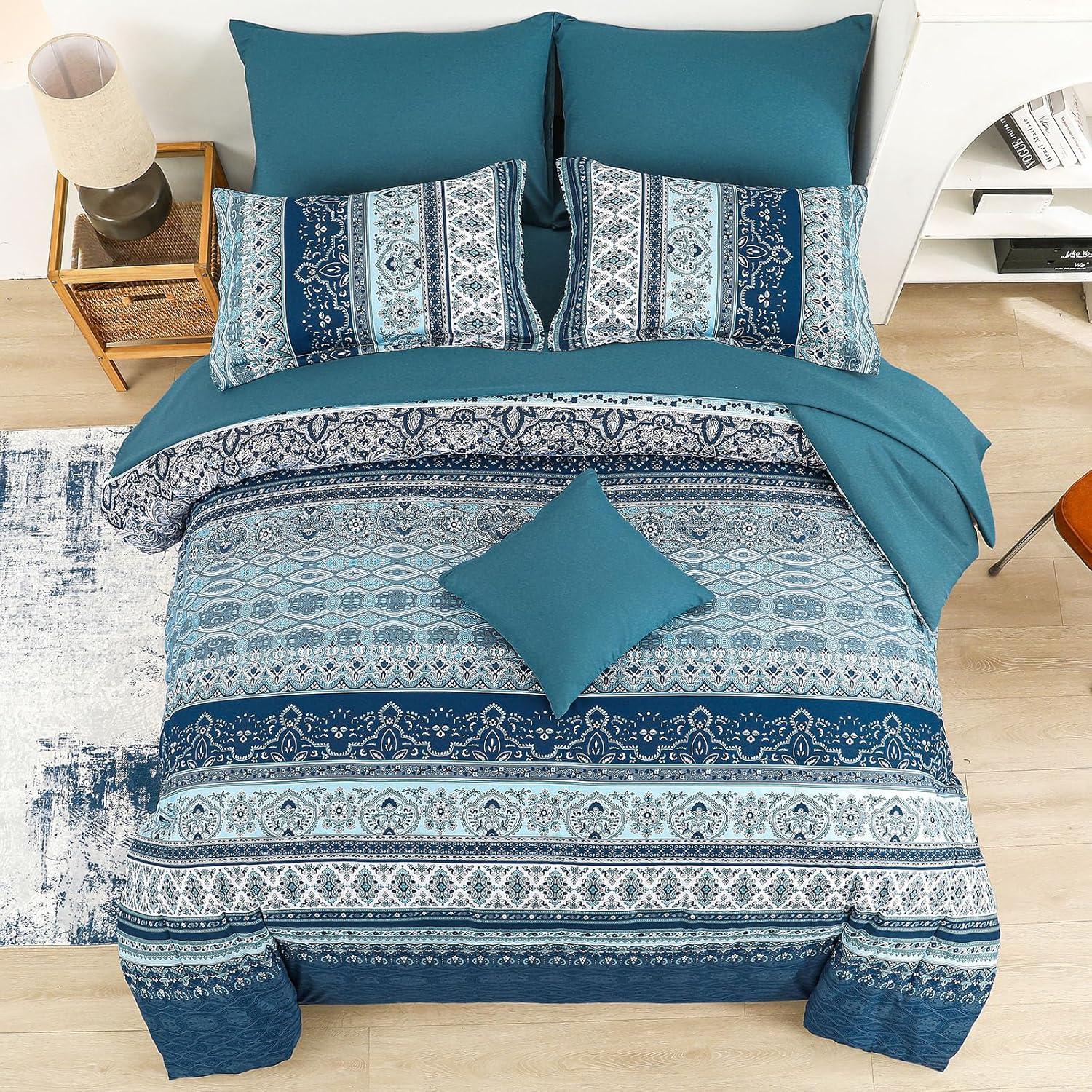 imageBoho Queen Comforter Set 8 Pieces Teal Comforter Bohemian Striped Bed in A BagSoft Microfiber Bedding Set for All SeasonsTeal Blue