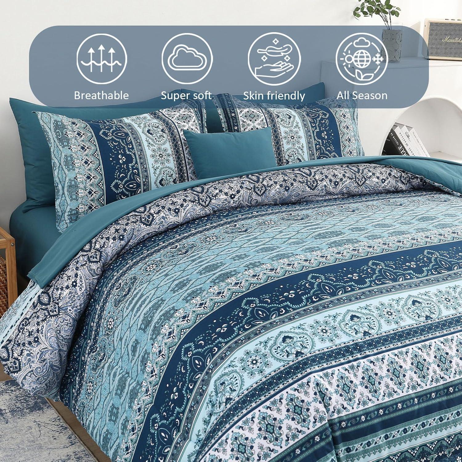 imageBoho Queen Comforter Set 8 Pieces Teal Comforter Bohemian Striped Bed in A BagSoft Microfiber Bedding Set for All SeasonsTeal Blue