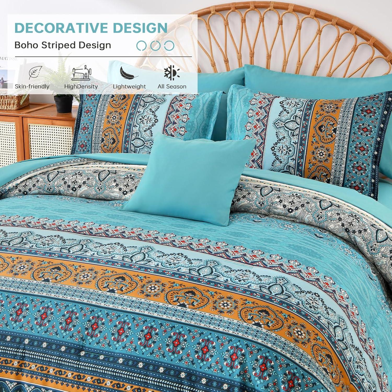 imageBoho Queen Comforter Set 8 Pieces Teal Comforter Bohemian Striped Bed in A BagSoft Microfiber Bedding Set for All SeasonsTeal and Yellow