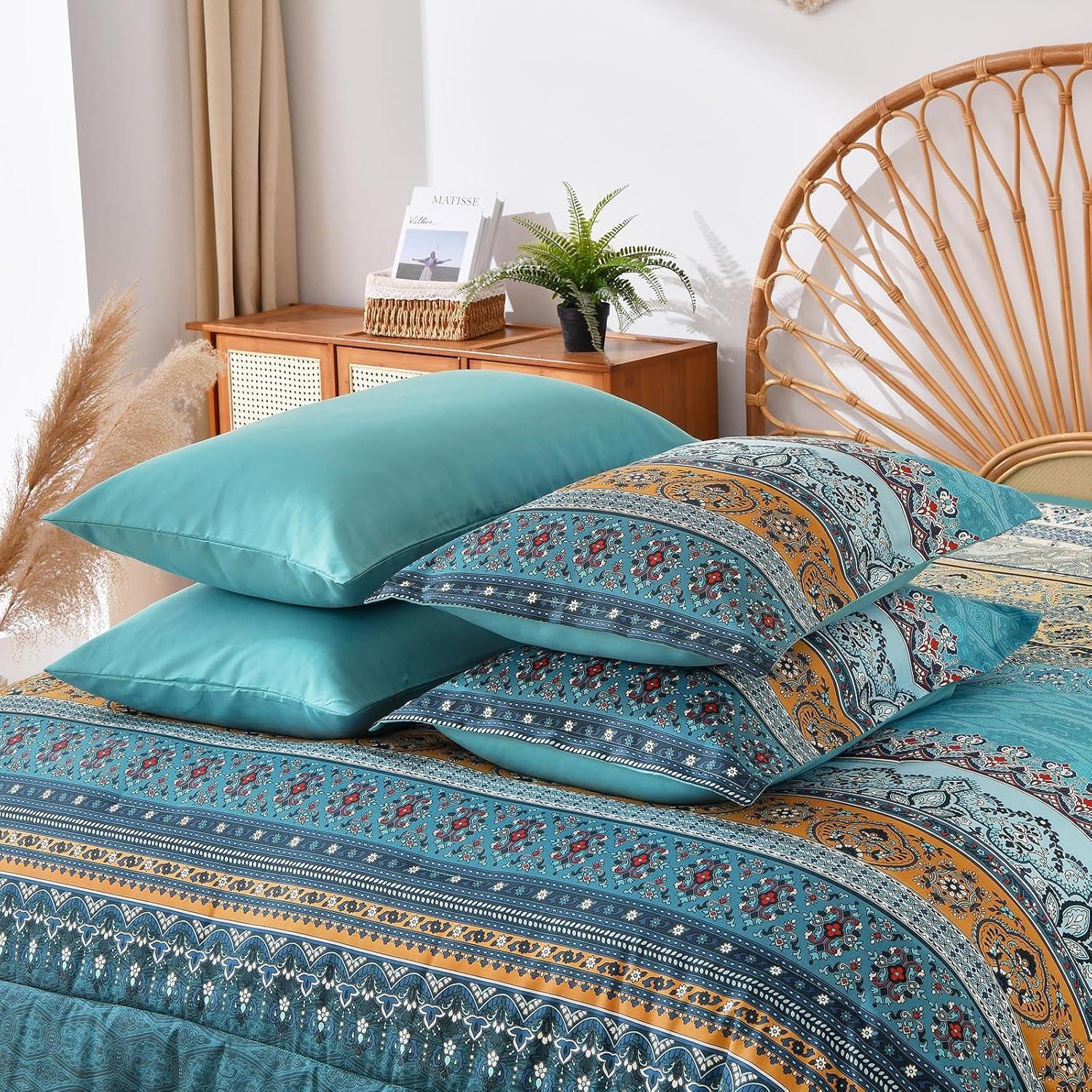 imageBoho Queen Comforter Set 8 Pieces Teal Comforter Bohemian Striped Bed in A BagSoft Microfiber Bedding Set for All SeasonsTeal and Yellow