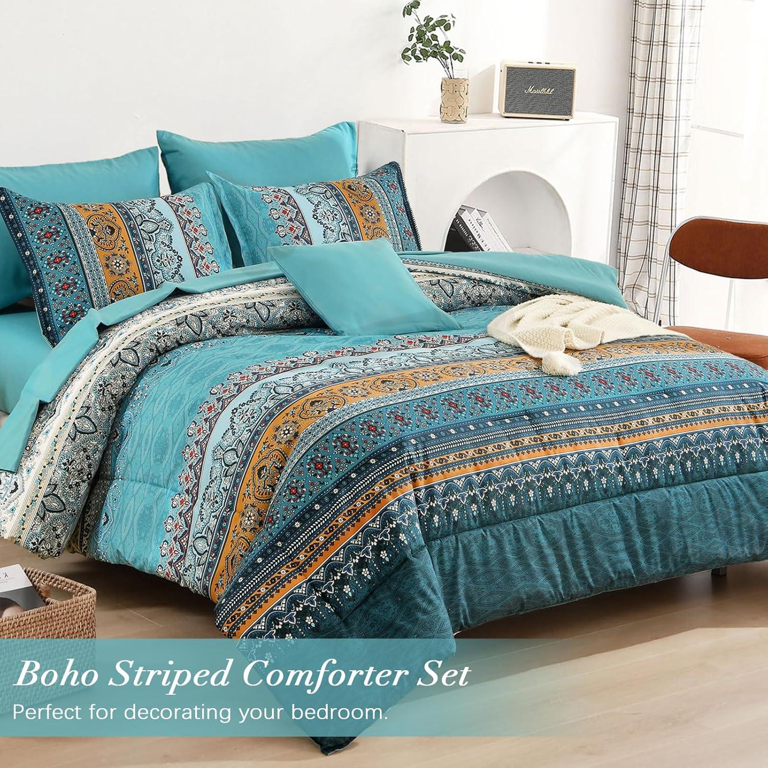 imageBoho Queen Comforter Set 8 Pieces Teal Comforter Bohemian Striped Bed in A BagSoft Microfiber Bedding Set for All SeasonsTeal and Yellow