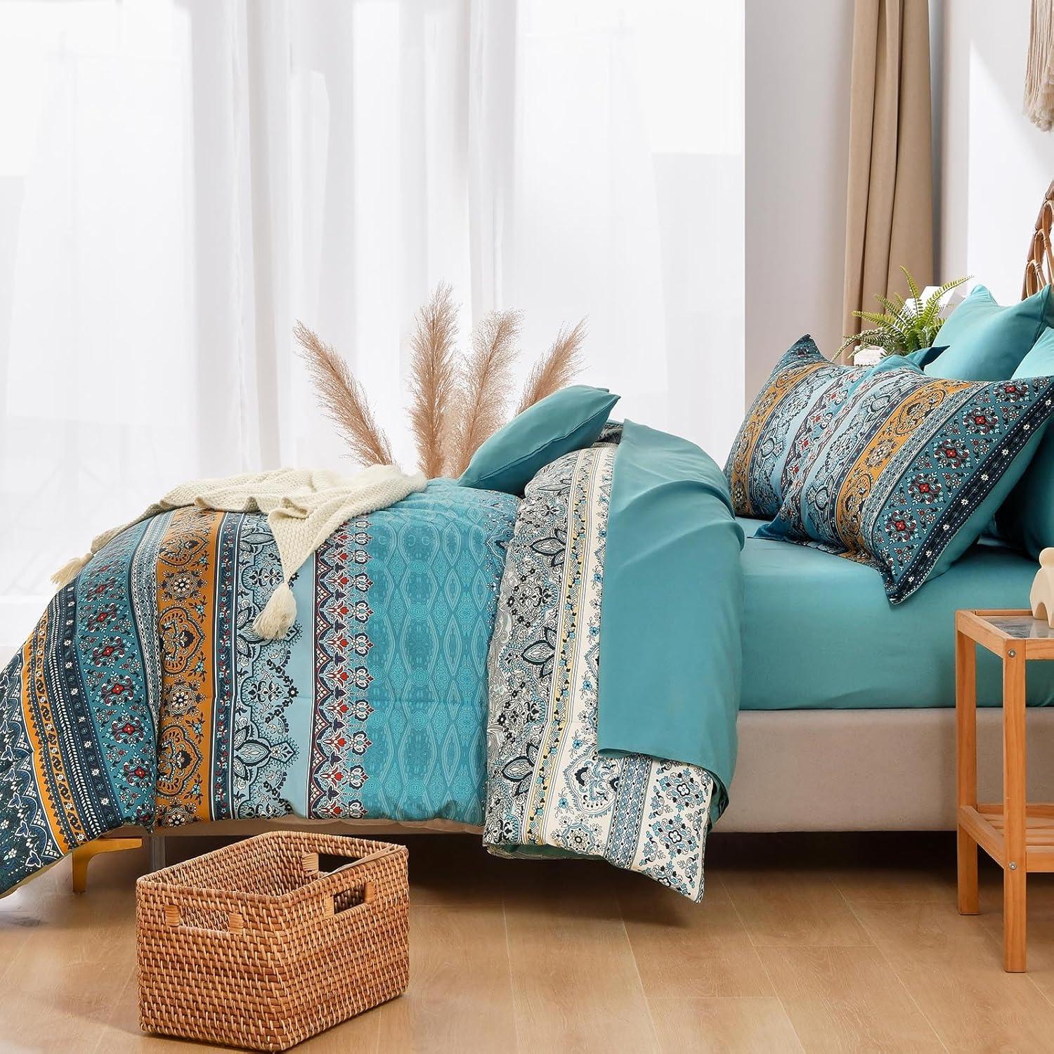 imageBoho Queen Comforter Set 8 Pieces Teal Comforter Bohemian Striped Bed in A BagSoft Microfiber Bedding Set for All SeasonsTeal and Yellow