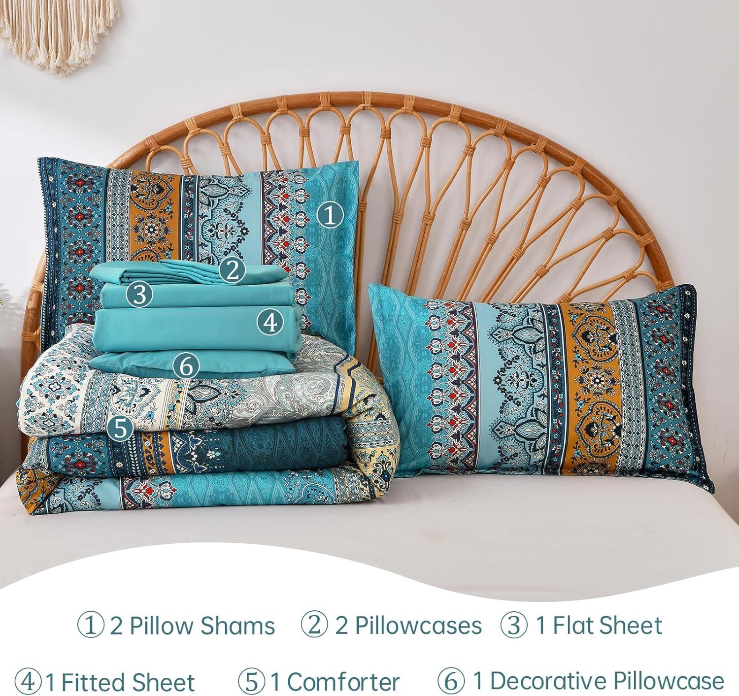 imageBoho Queen Comforter Set 8 Pieces Teal Comforter Bohemian Striped Bed in A BagSoft Microfiber Bedding Set for All SeasonsTeal and Yellow