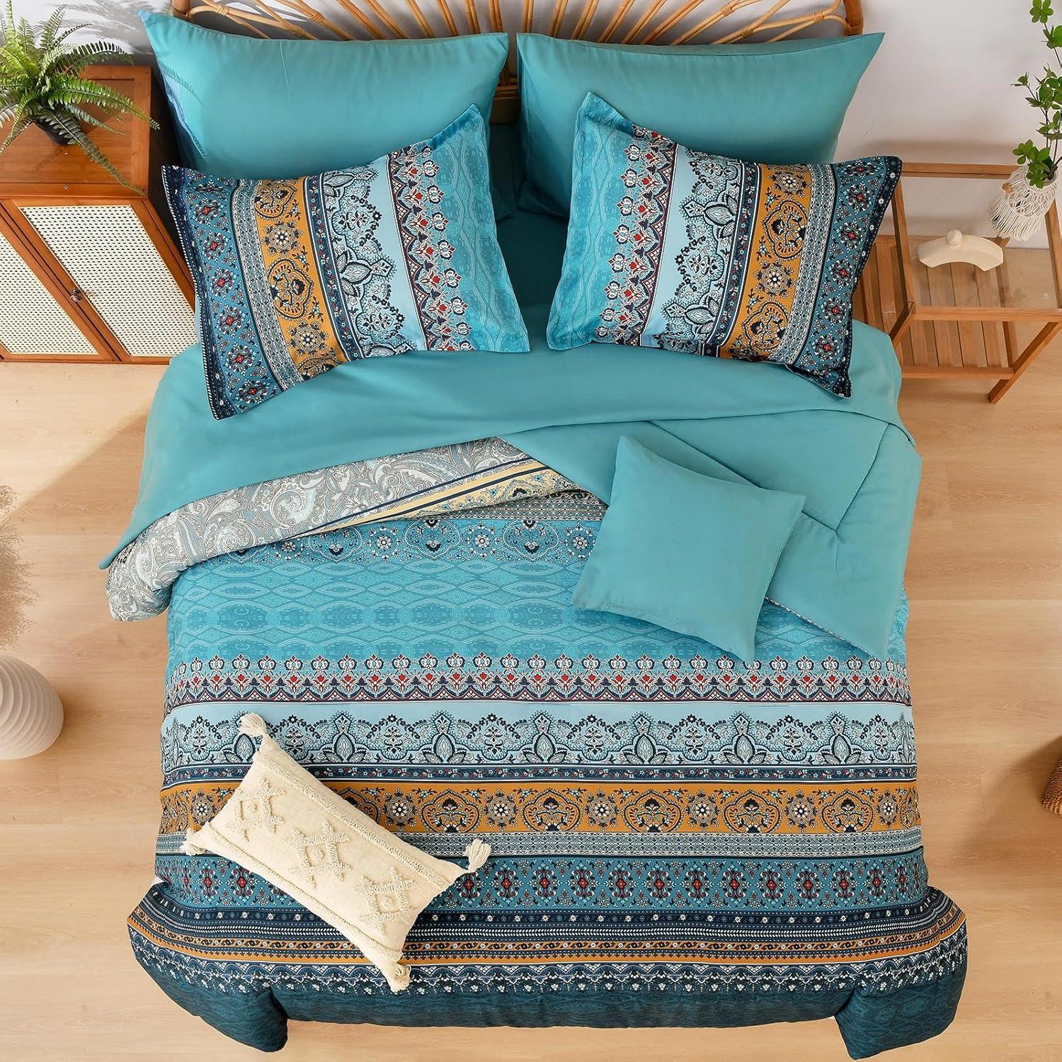imageBoho Queen Comforter Set 8 Pieces Teal Comforter Bohemian Striped Bed in A BagSoft Microfiber Bedding Set for All SeasonsTeal and Yellow