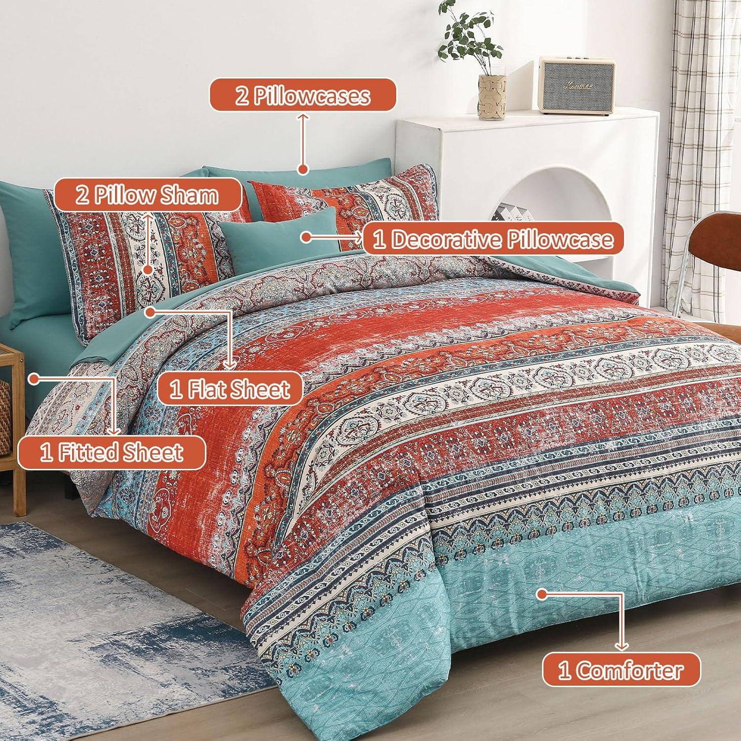 imageBoho Queen Comforter Set 8 Pieces Teal Comforter Bohemian Striped Bed in A BagSoft Microfiber Bedding Set for All SeasonsTerracotta