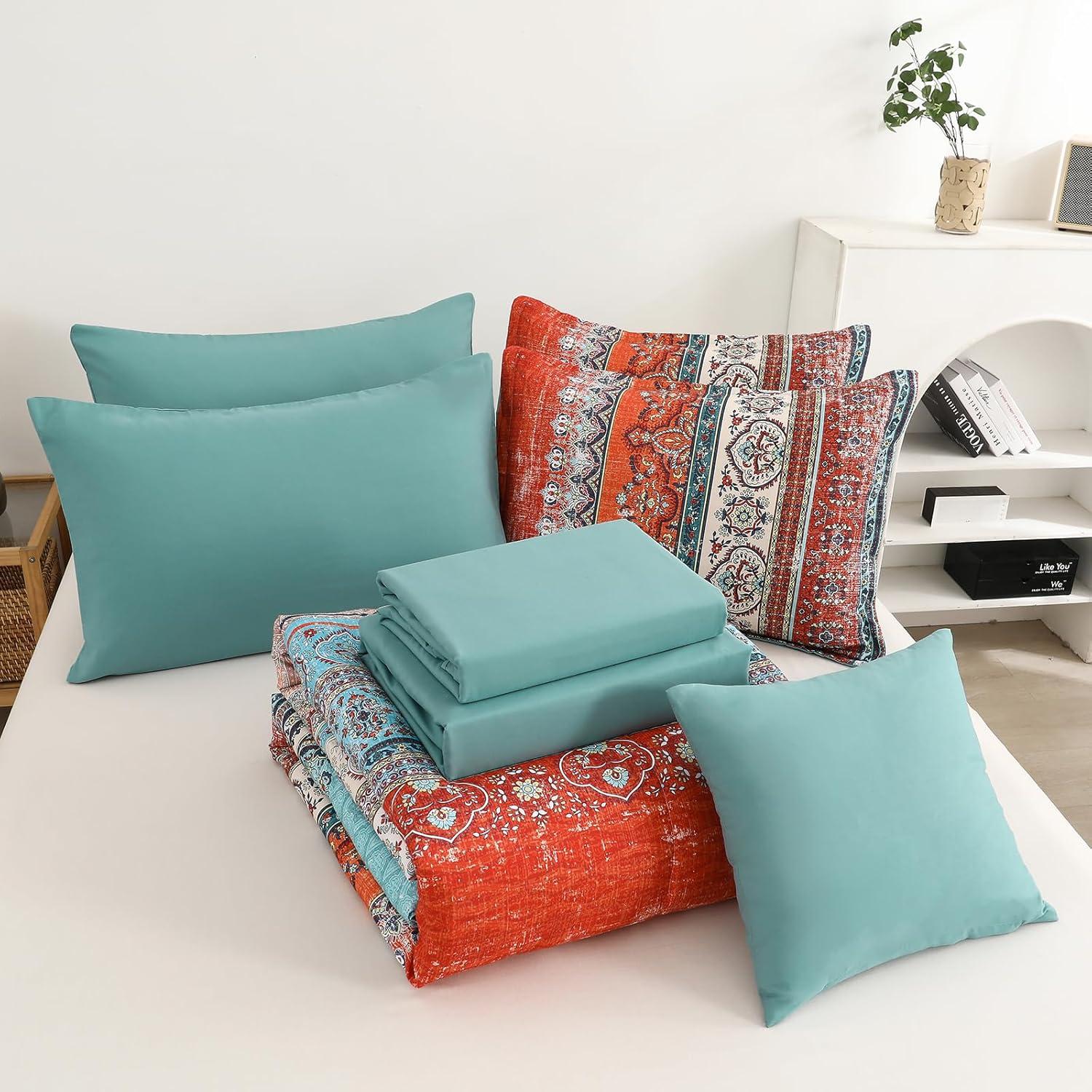 imageBoho Queen Comforter Set 8 Pieces Teal Comforter Bohemian Striped Bed in A BagSoft Microfiber Bedding Set for All SeasonsTerracotta