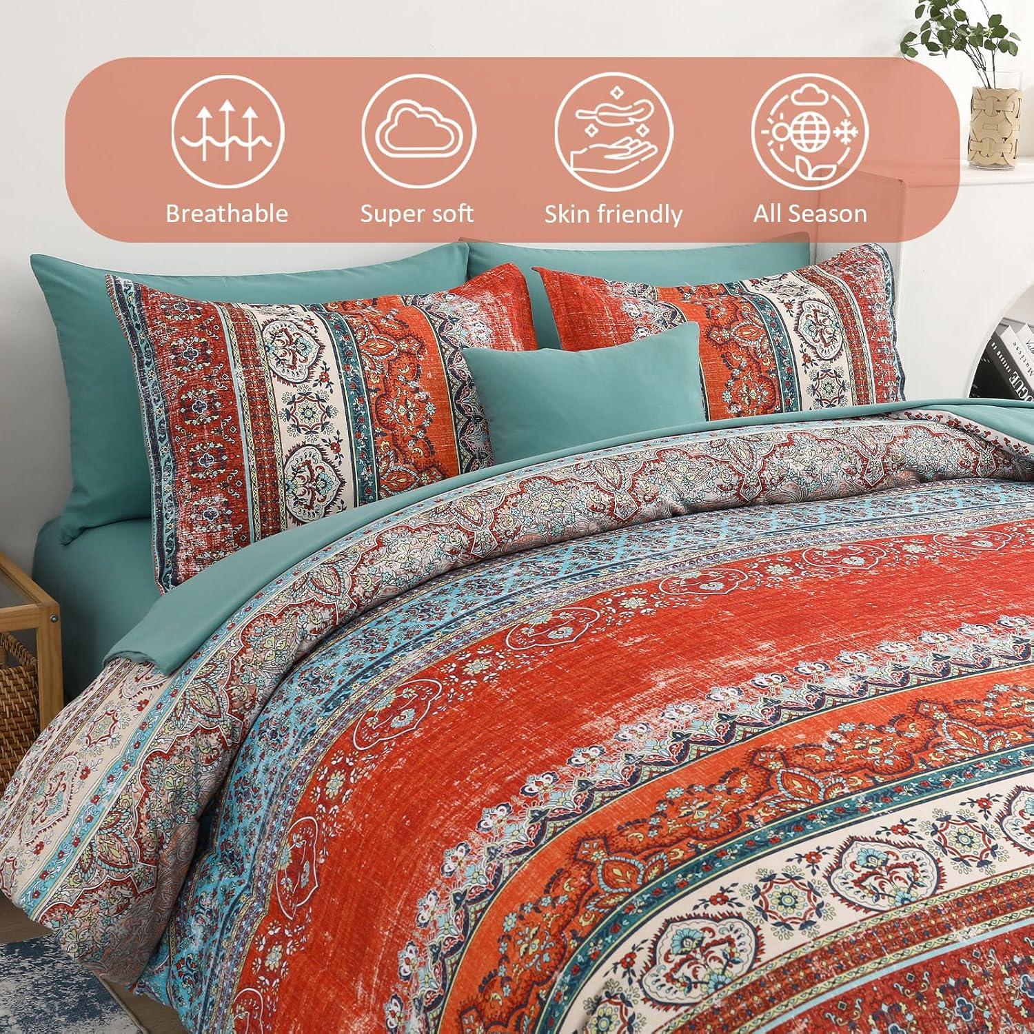 imageBoho Queen Comforter Set 8 Pieces Teal Comforter Bohemian Striped Bed in A BagSoft Microfiber Bedding Set for All SeasonsTerracotta