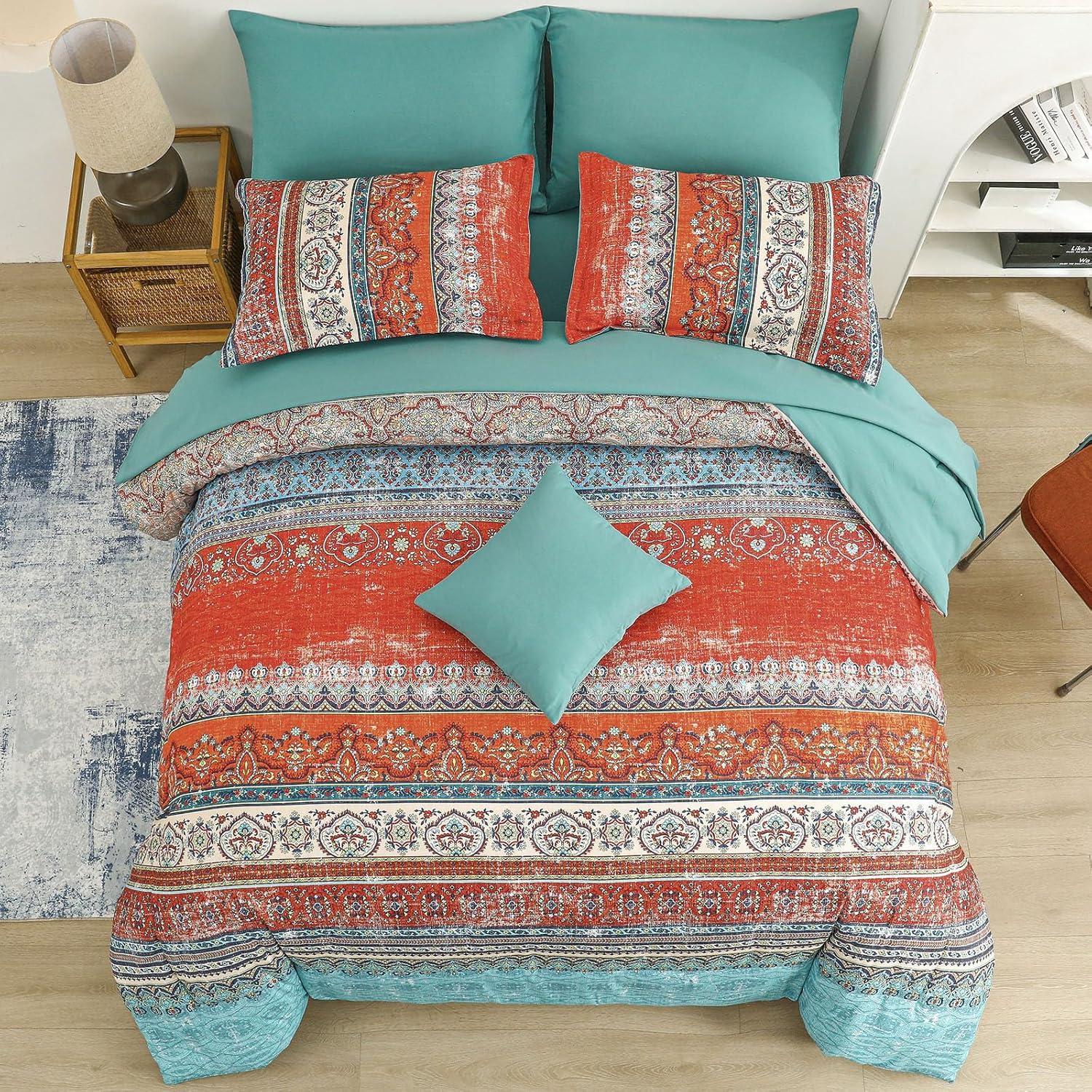 imageBoho Queen Comforter Set 8 Pieces Teal Comforter Bohemian Striped Bed in A BagSoft Microfiber Bedding Set for All SeasonsTerracotta