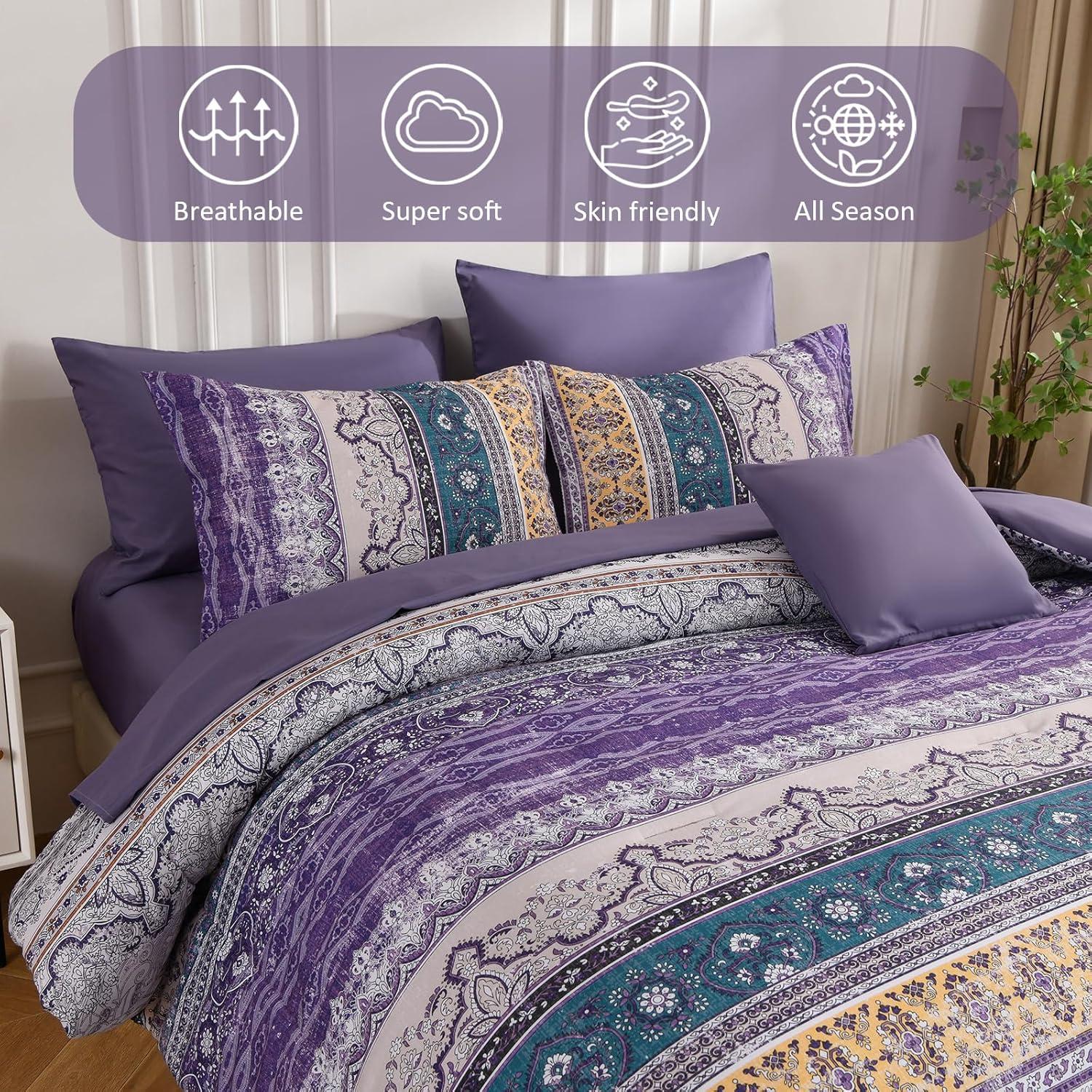 imageBoho Queen Comforter Set 8 Pieces Teal Comforter Bohemian Striped Bed in A BagSoft Microfiber Bedding Set for All SeasonsViolet