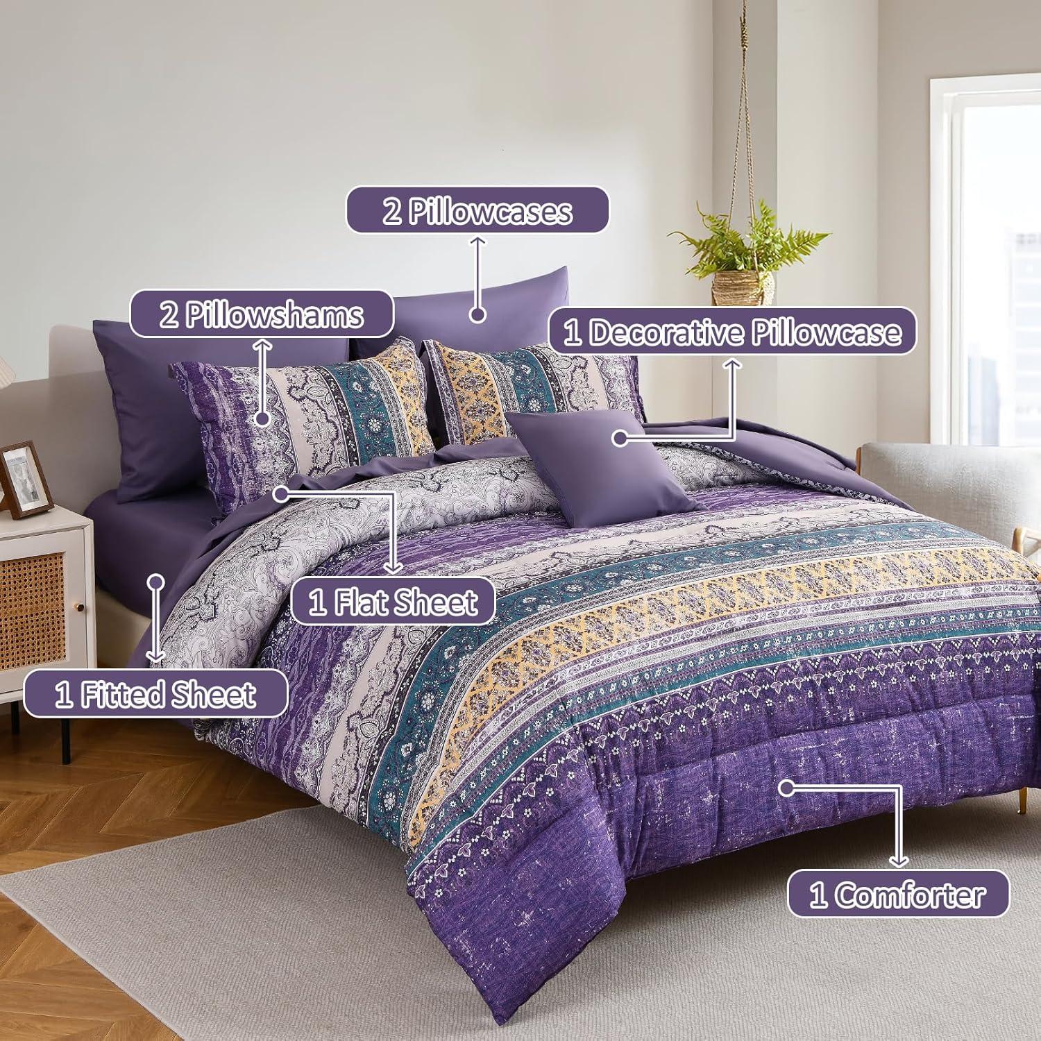 imageBoho Queen Comforter Set 8 Pieces Teal Comforter Bohemian Striped Bed in A BagSoft Microfiber Bedding Set for All SeasonsViolet