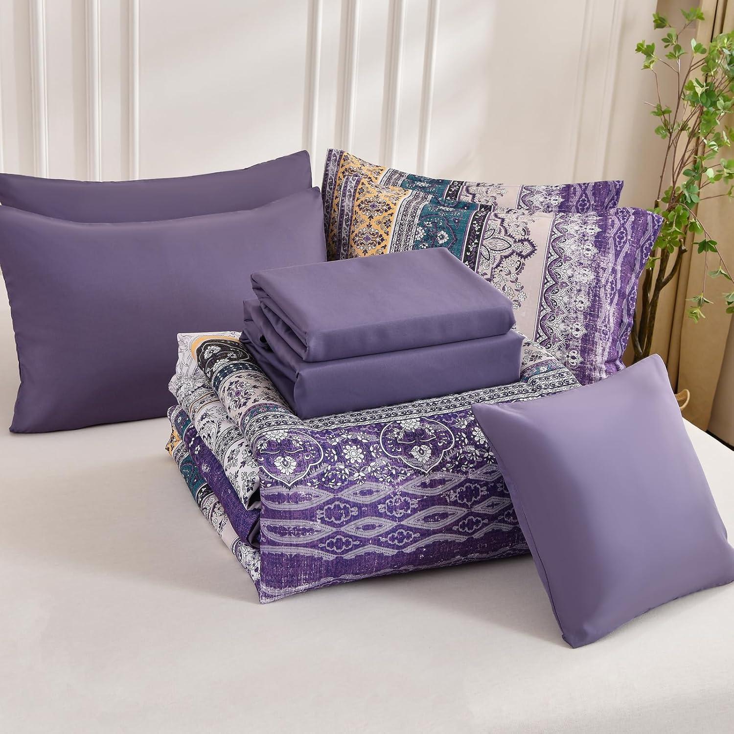 imageBoho Queen Comforter Set 8 Pieces Teal Comforter Bohemian Striped Bed in A BagSoft Microfiber Bedding Set for All SeasonsViolet
