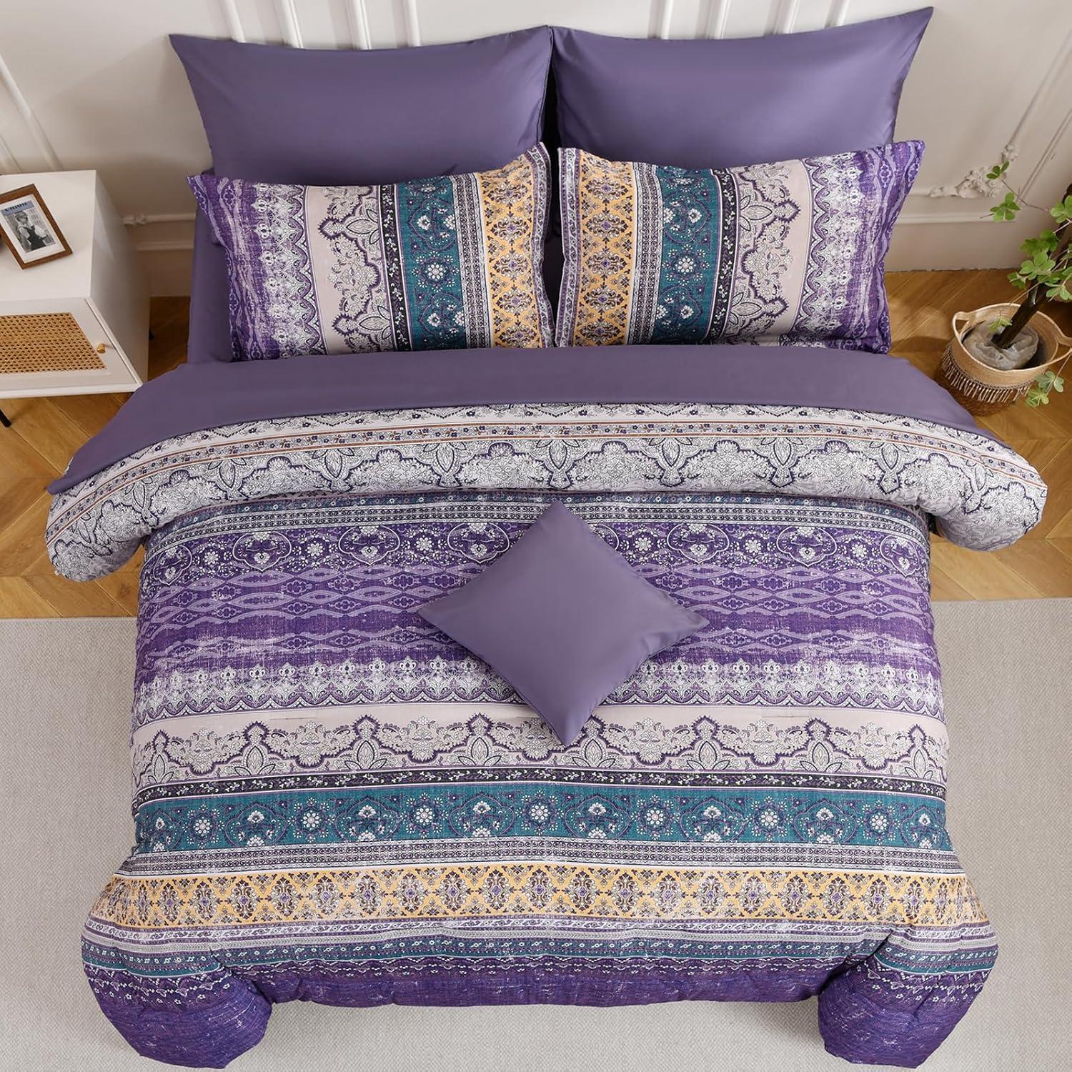 imageBoho Queen Comforter Set 8 Pieces Teal Comforter Bohemian Striped Bed in A BagSoft Microfiber Bedding Set for All SeasonsViolet