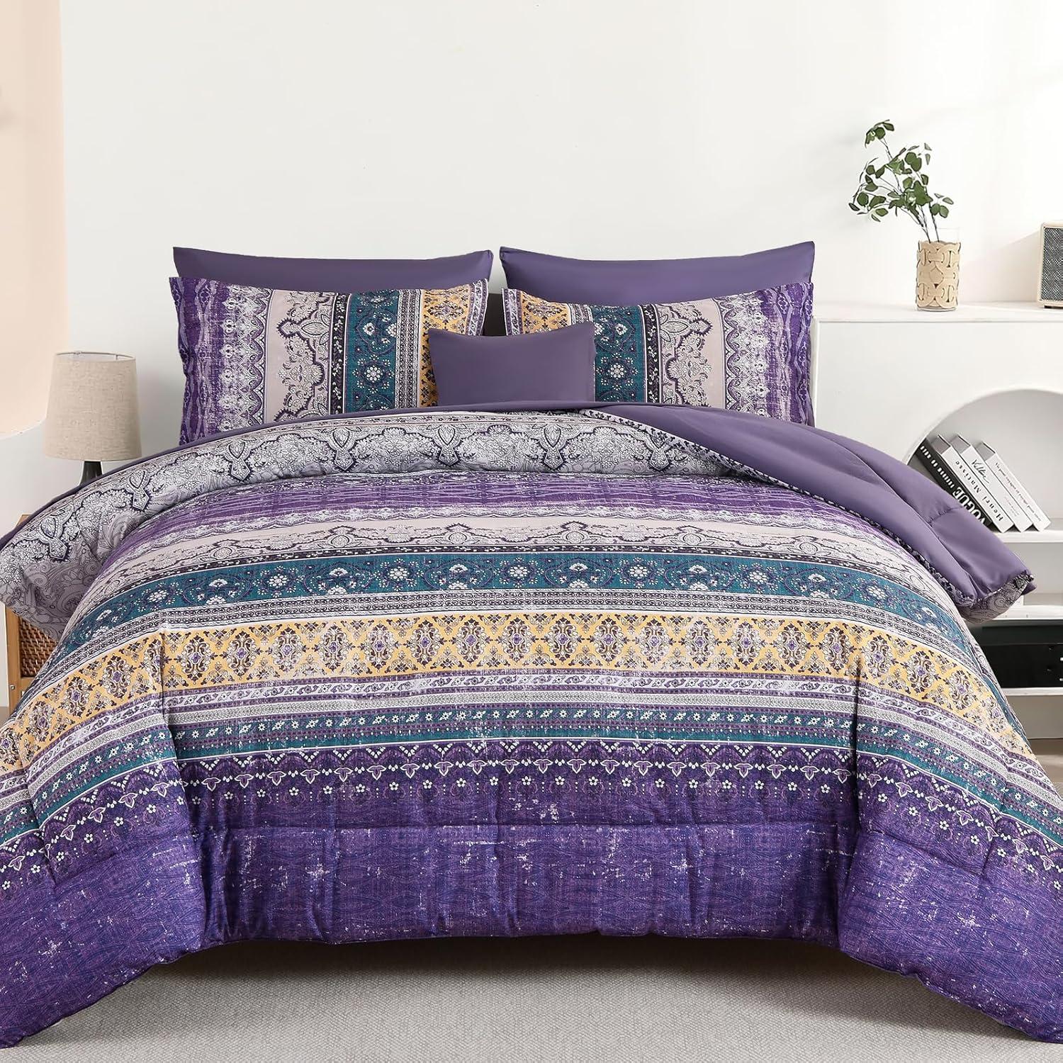 imageBoho Queen Comforter Set 8 Pieces Teal Comforter Bohemian Striped Bed in A BagSoft Microfiber Bedding Set for All SeasonsViolet