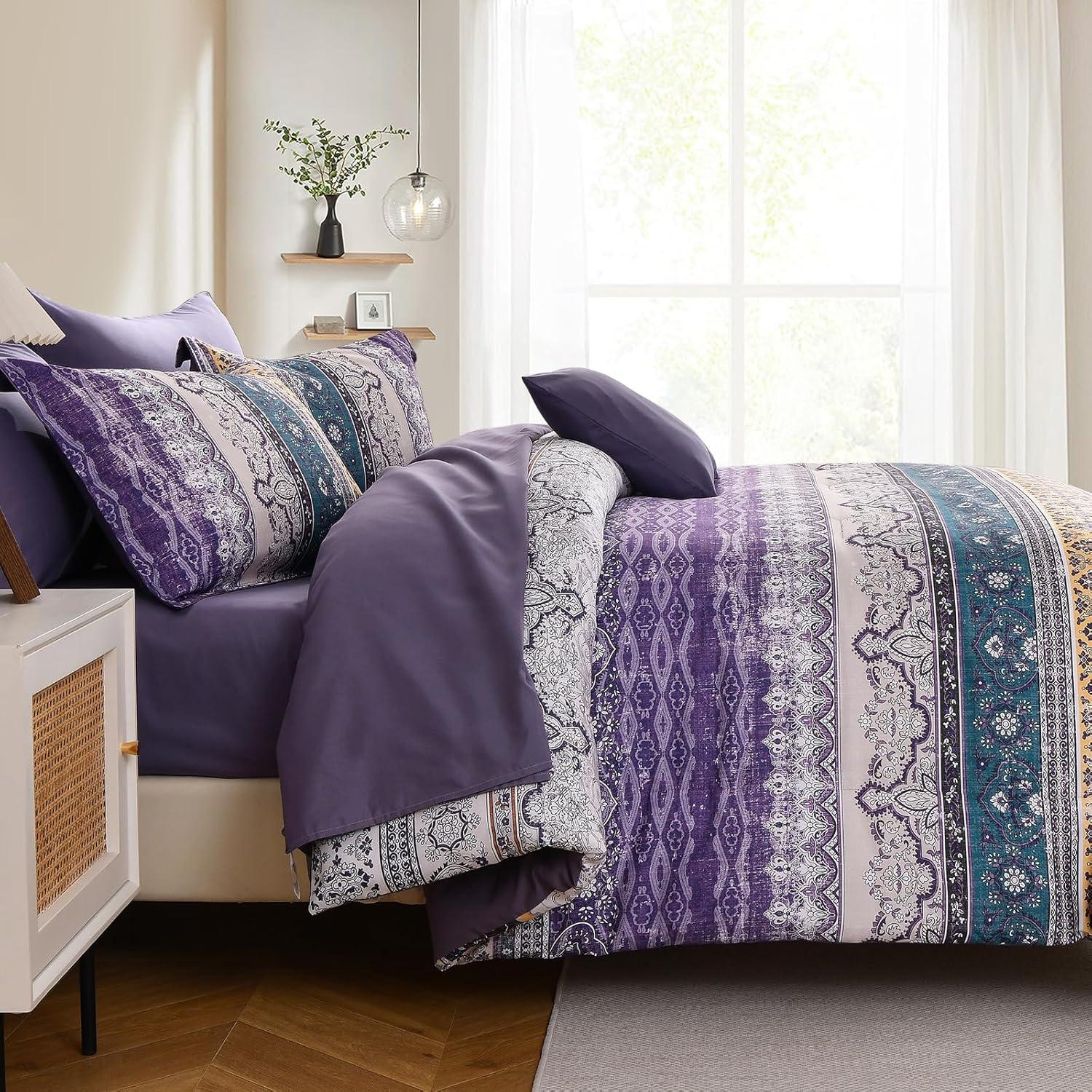 imageBoho Queen Comforter Set 8 Pieces Teal Comforter Bohemian Striped Bed in A BagSoft Microfiber Bedding Set for All SeasonsViolet