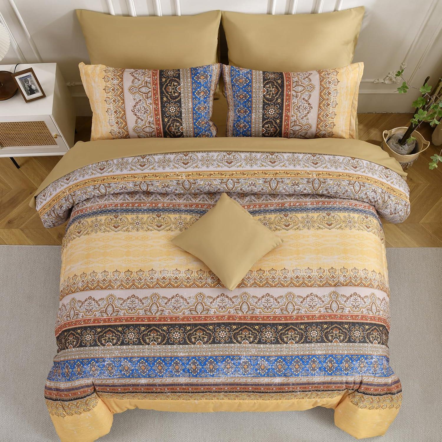 imageBoho Queen Comforter Set 8 Pieces Teal Comforter Bohemian Striped Bed in A BagSoft Microfiber Bedding Set for All SeasonsYellow