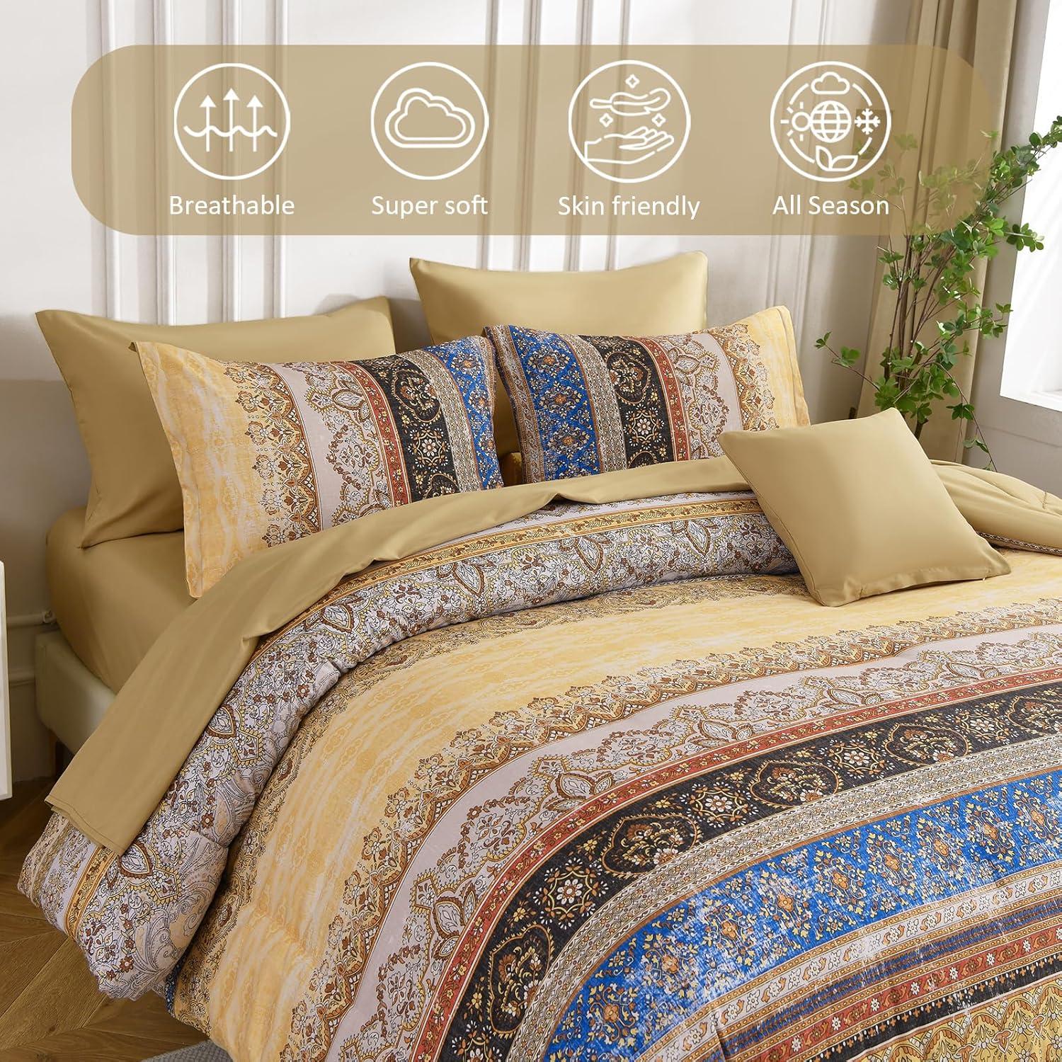 imageBoho Queen Comforter Set 8 Pieces Teal Comforter Bohemian Striped Bed in A BagSoft Microfiber Bedding Set for All SeasonsYellow
