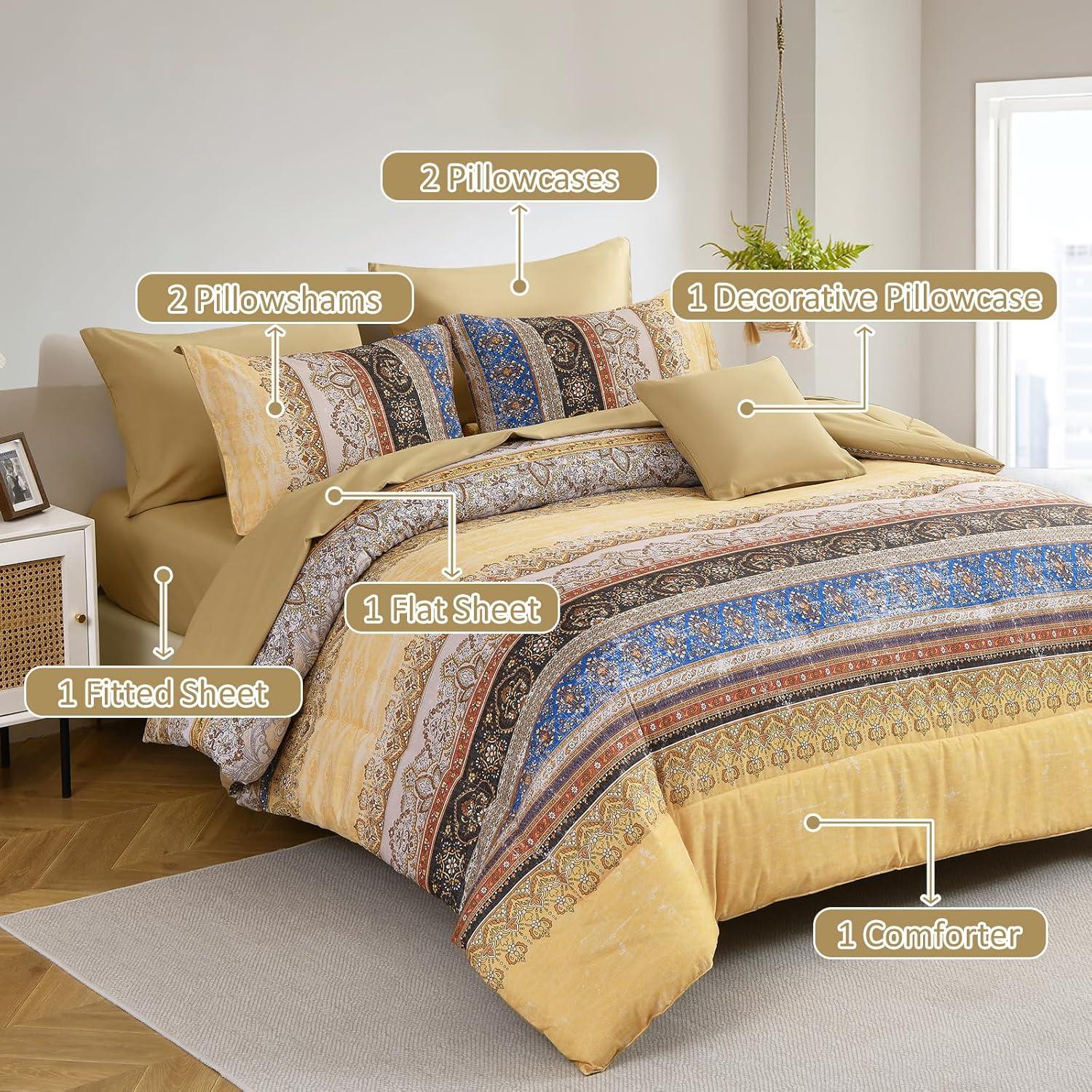 imageBoho Queen Comforter Set 8 Pieces Teal Comforter Bohemian Striped Bed in A BagSoft Microfiber Bedding Set for All SeasonsYellow