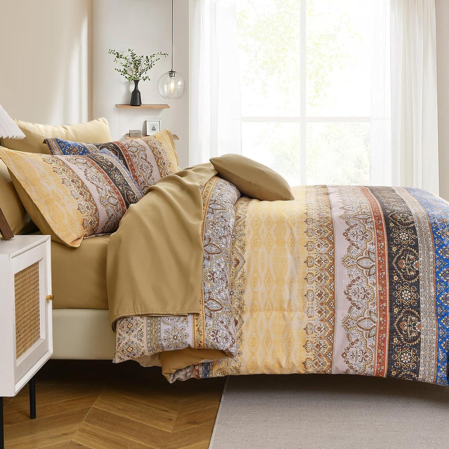 imageBoho Queen Comforter Set 8 Pieces Teal Comforter Bohemian Striped Bed in A BagSoft Microfiber Bedding Set for All SeasonsYellow