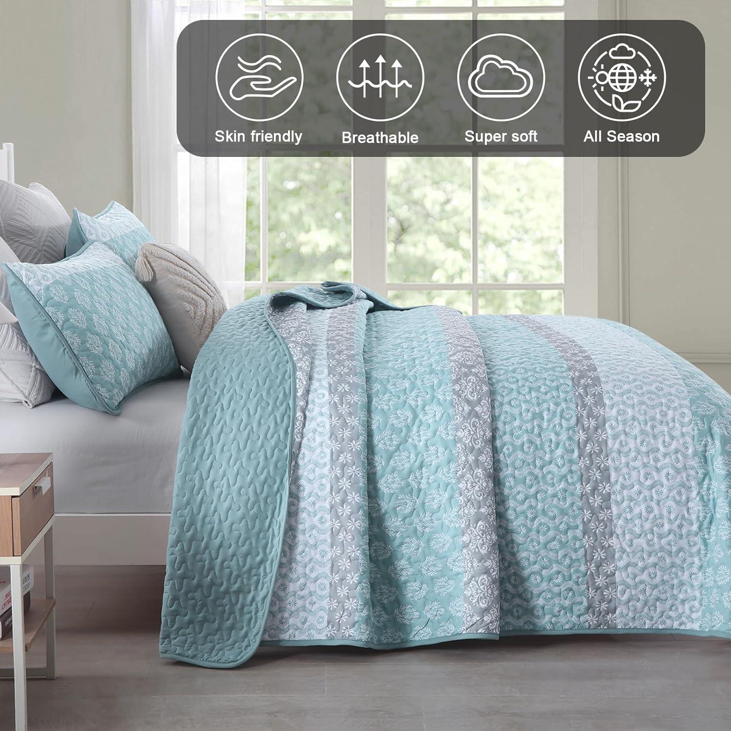 imageCottolester Aqua Quilt Set Queen Size Boho Striped Bedspread Lightweight Soft Microfiber Bedding Set 96quotx90quot 3 PiecesAqua
