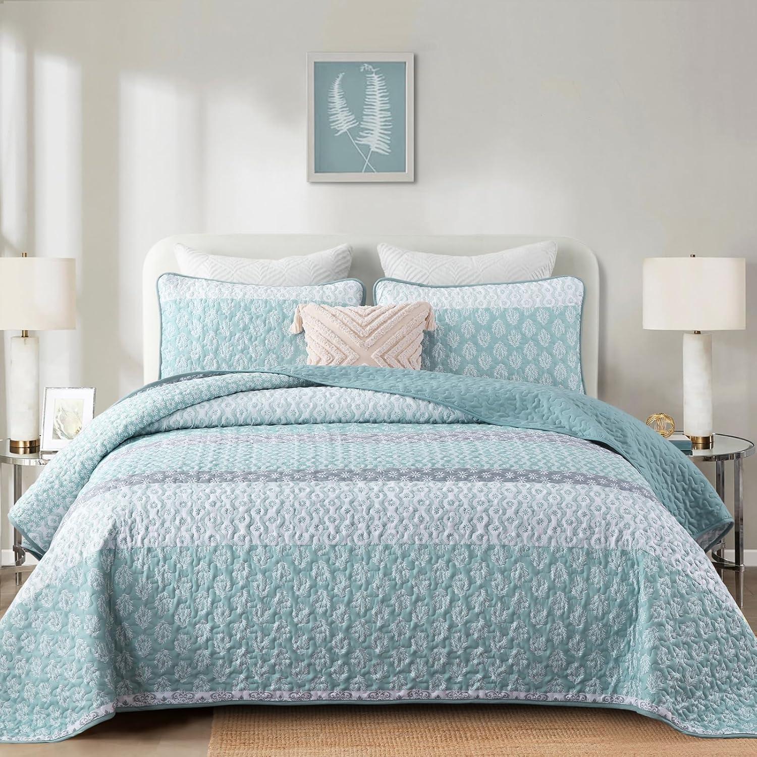 imageCottolester Aqua Quilt Set Queen Size Boho Striped Bedspread Lightweight Soft Microfiber Bedding Set 96quotx90quot 3 PiecesAqua
