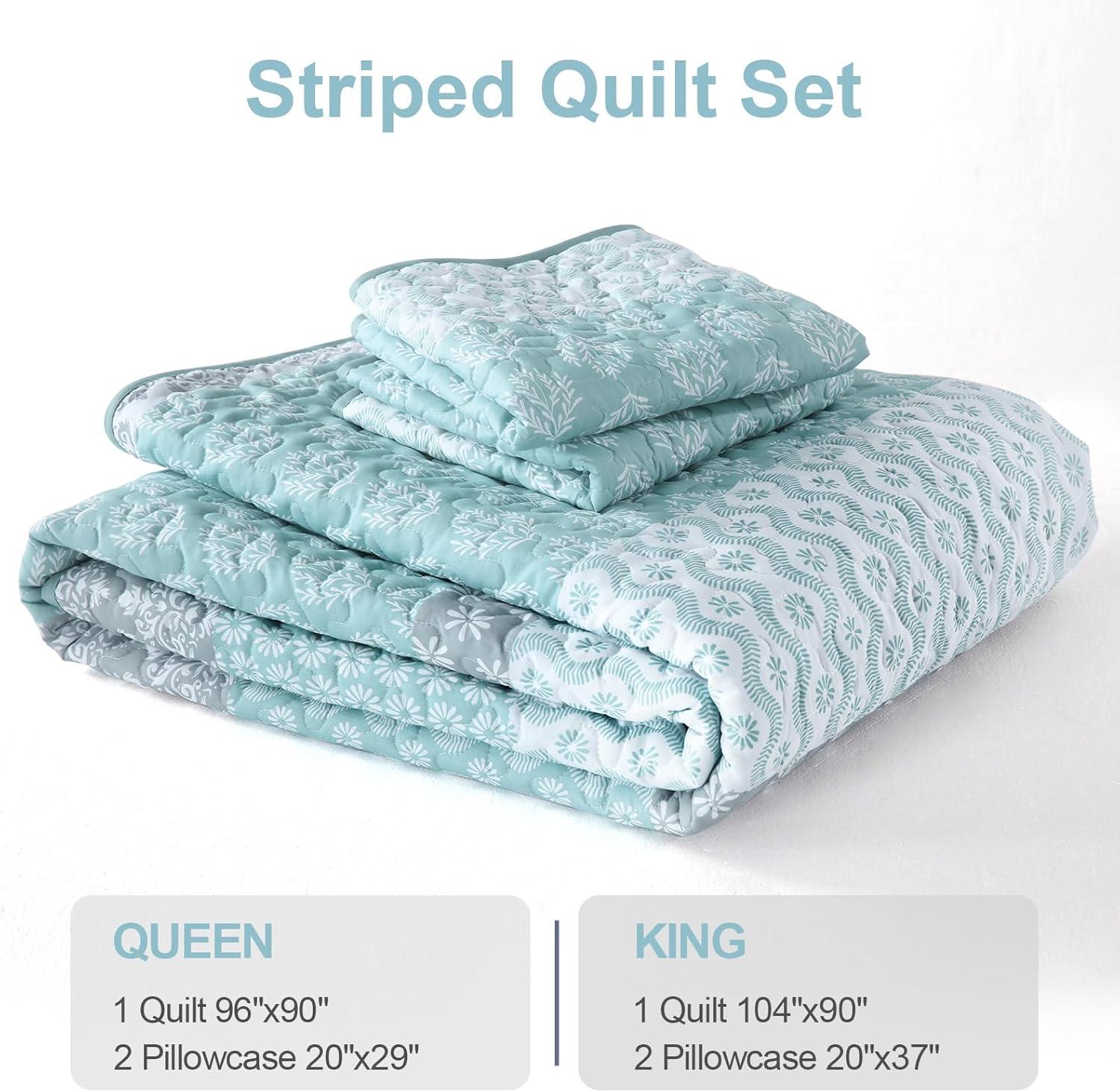 imageCottolester Aqua Quilt Set Queen Size Boho Striped Bedspread Lightweight Soft Microfiber Bedding Set 96quotx90quot 3 PiecesAqua