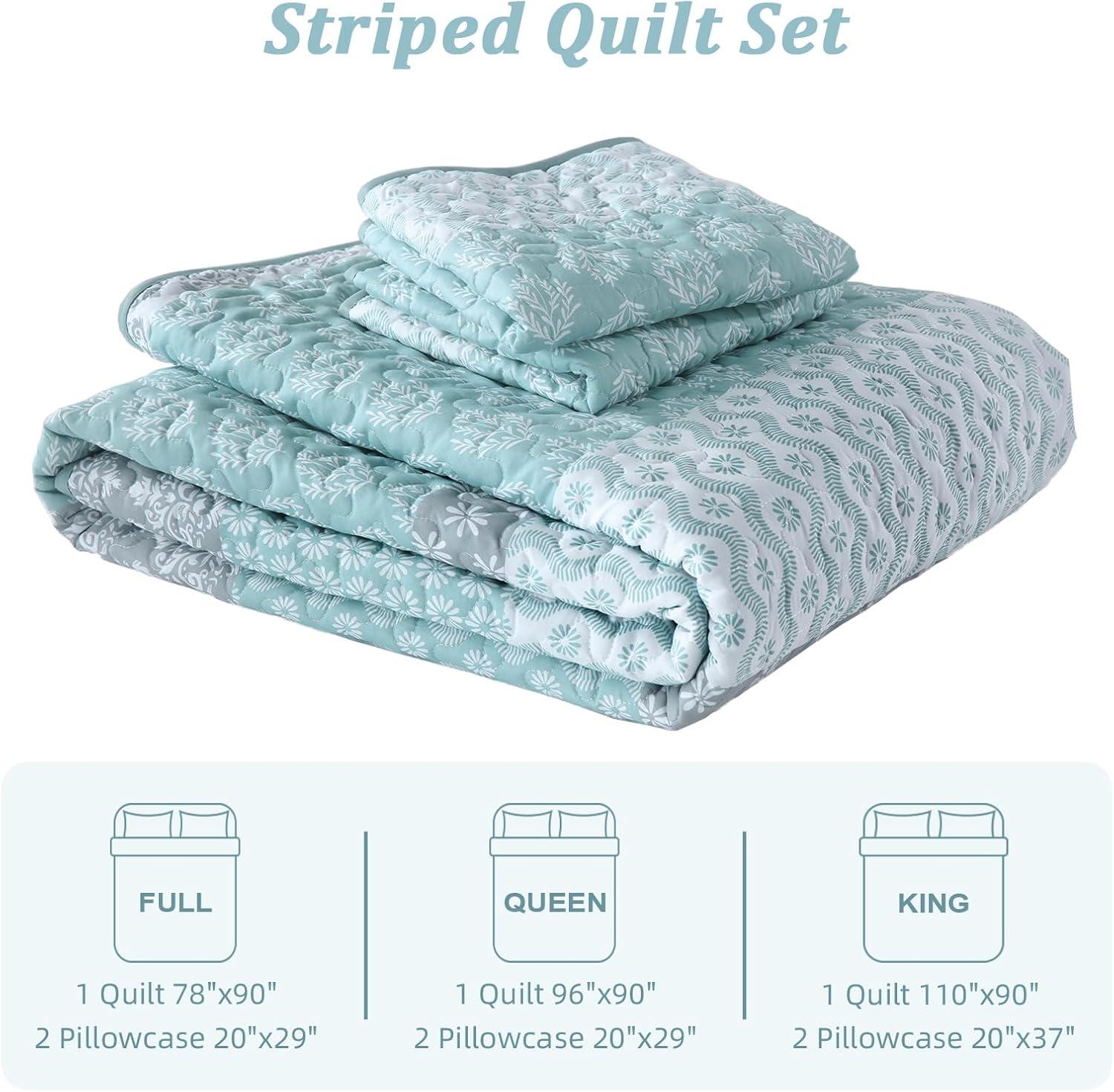 imageCottolester Aqua Quilt Set Queen Size Boho Striped Bedspread Lightweight Soft Microfiber Bedding Set 96quotx90quot 3 PiecesAqua