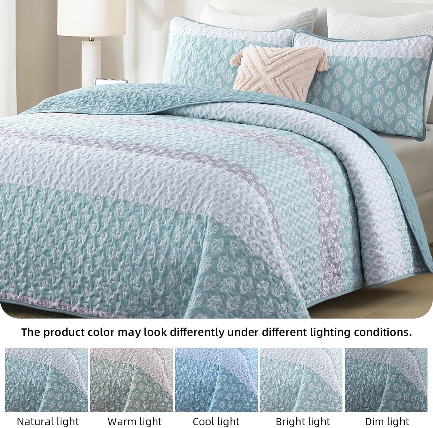 imageCottolester Aqua Quilt Set Queen Size Boho Striped Bedspread Lightweight Soft Microfiber Bedding Set 96quotx90quot 3 PiecesAqua