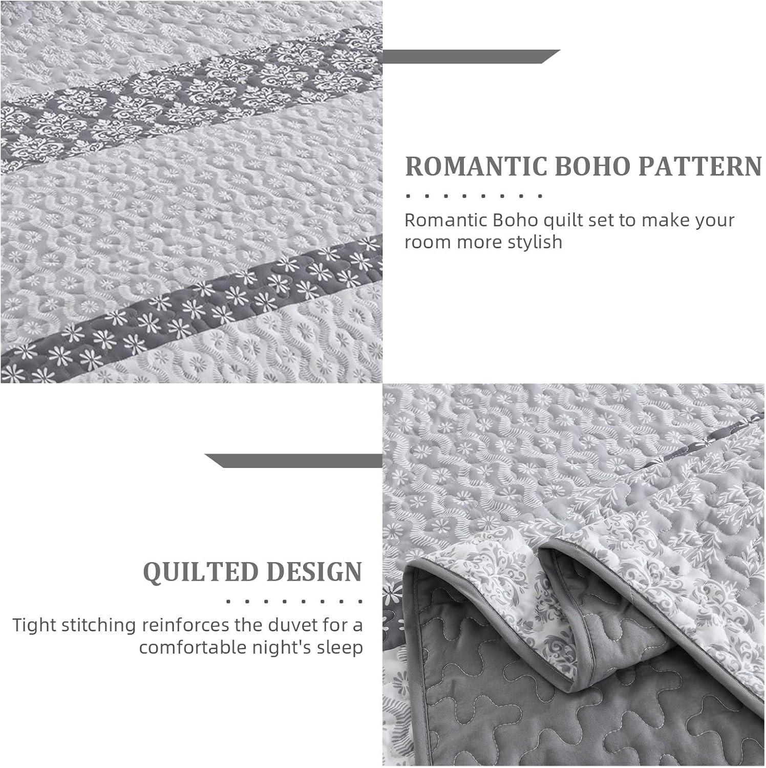 imageCottolester Aqua Quilt Set Queen Size Boho Striped Bedspread Lightweight Soft Microfiber Bedding Set 96quotx90quot 3 PiecesGrey