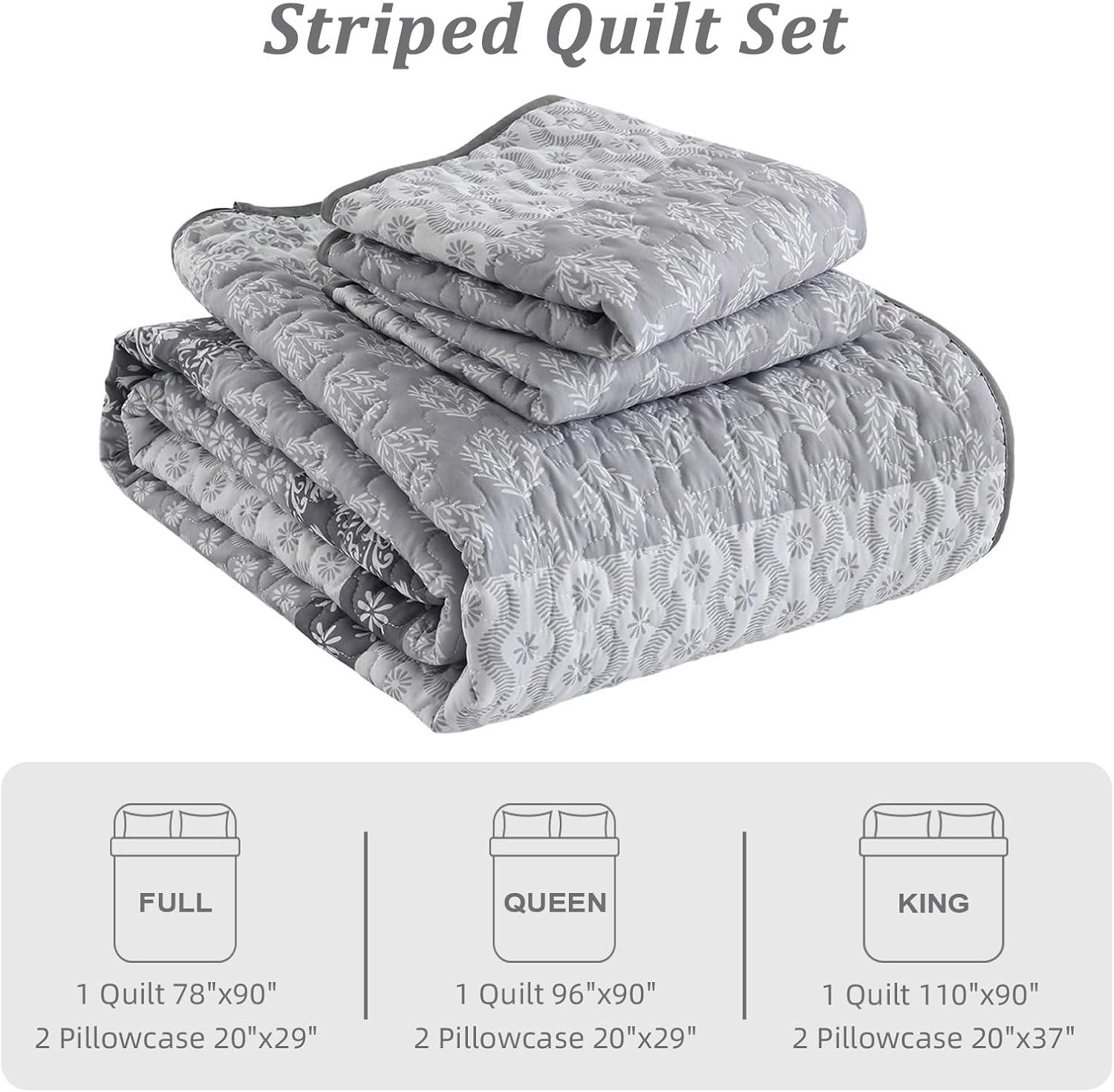imageCottolester Aqua Quilt Set Queen Size Boho Striped Bedspread Lightweight Soft Microfiber Bedding Set 96quotx90quot 3 PiecesGrey