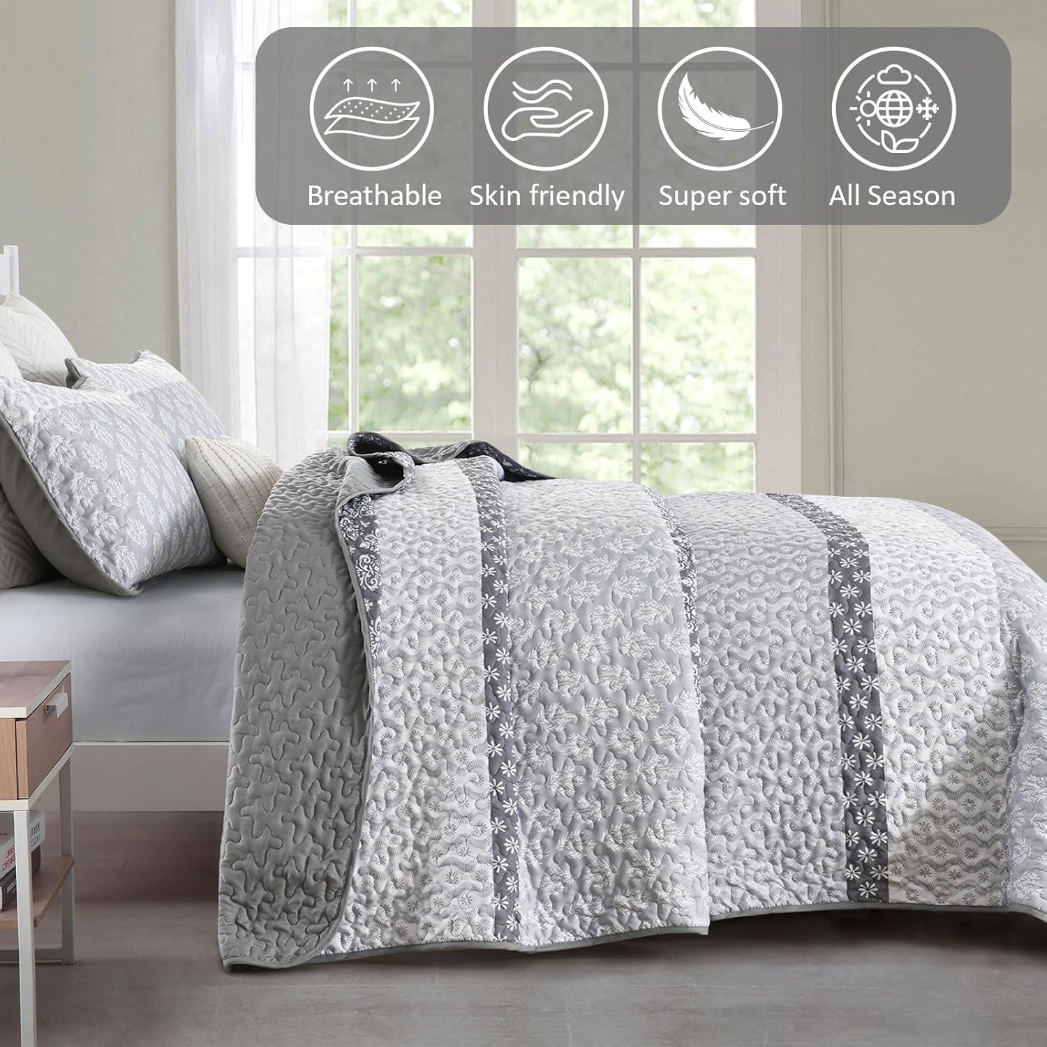 imageCottolester Aqua Quilt Set Queen Size Boho Striped Bedspread Lightweight Soft Microfiber Bedding Set 96quotx90quot 3 PiecesGrey