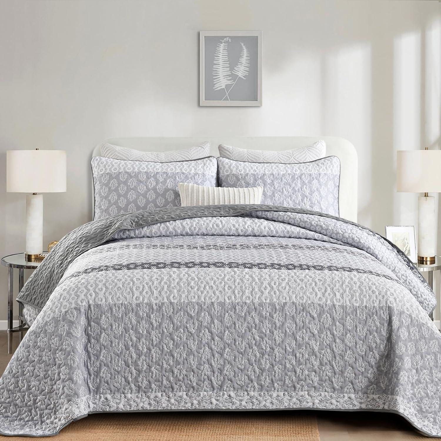imageCottolester Aqua Quilt Set Queen Size Boho Striped Bedspread Lightweight Soft Microfiber Bedding Set 96quotx90quot 3 PiecesGrey