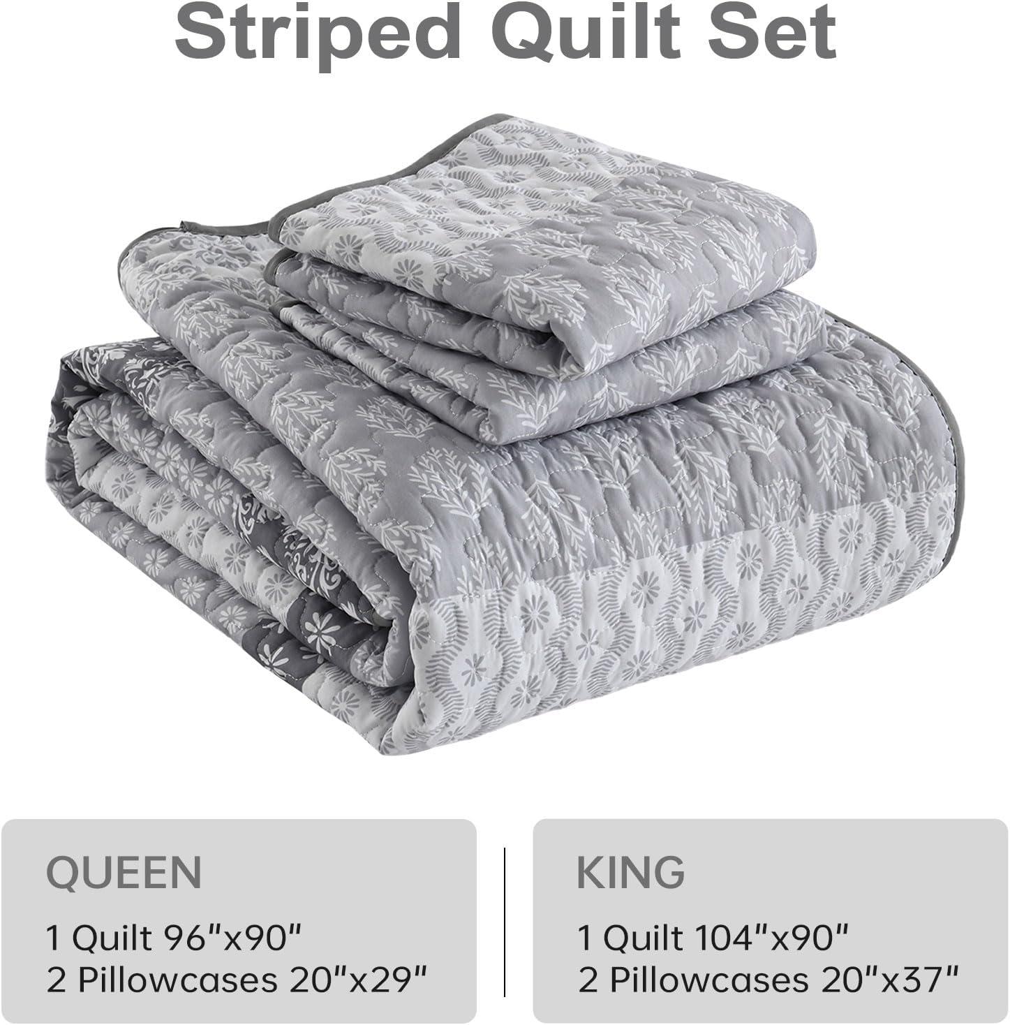 imageCottolester Aqua Quilt Set Queen Size Boho Striped Bedspread Lightweight Soft Microfiber Bedding Set 96quotx90quot 3 PiecesGrey