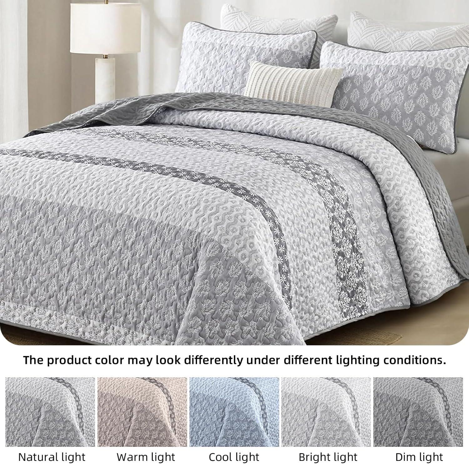 imageCottolester Aqua Quilt Set Queen Size Boho Striped Bedspread Lightweight Soft Microfiber Bedding Set 96quotx90quot 3 PiecesGrey