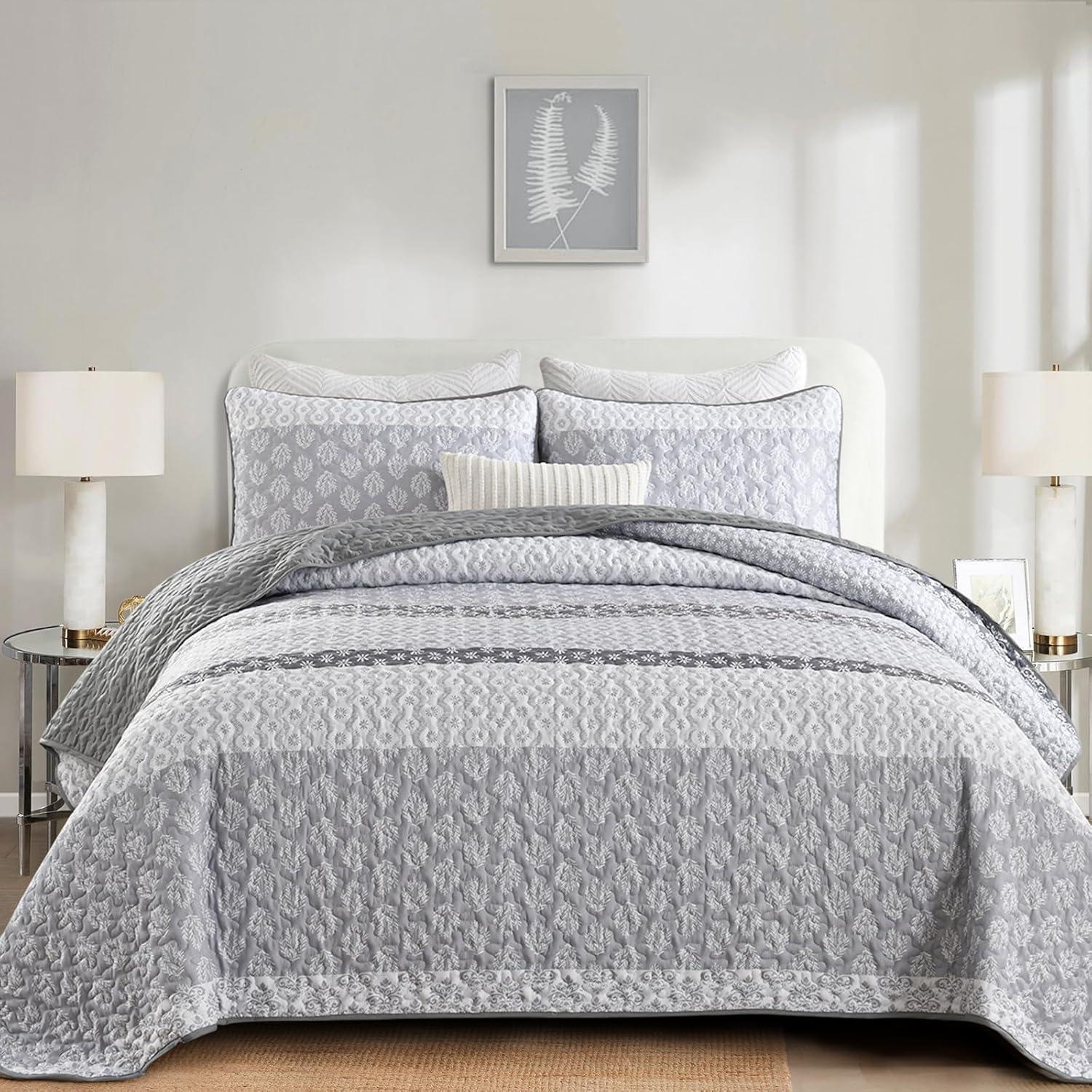 imageCottolester Aqua Quilt Set Queen Size Boho Striped Bedspread Lightweight Soft Microfiber Bedding Set 96quotx90quot 3 PiecesGrey