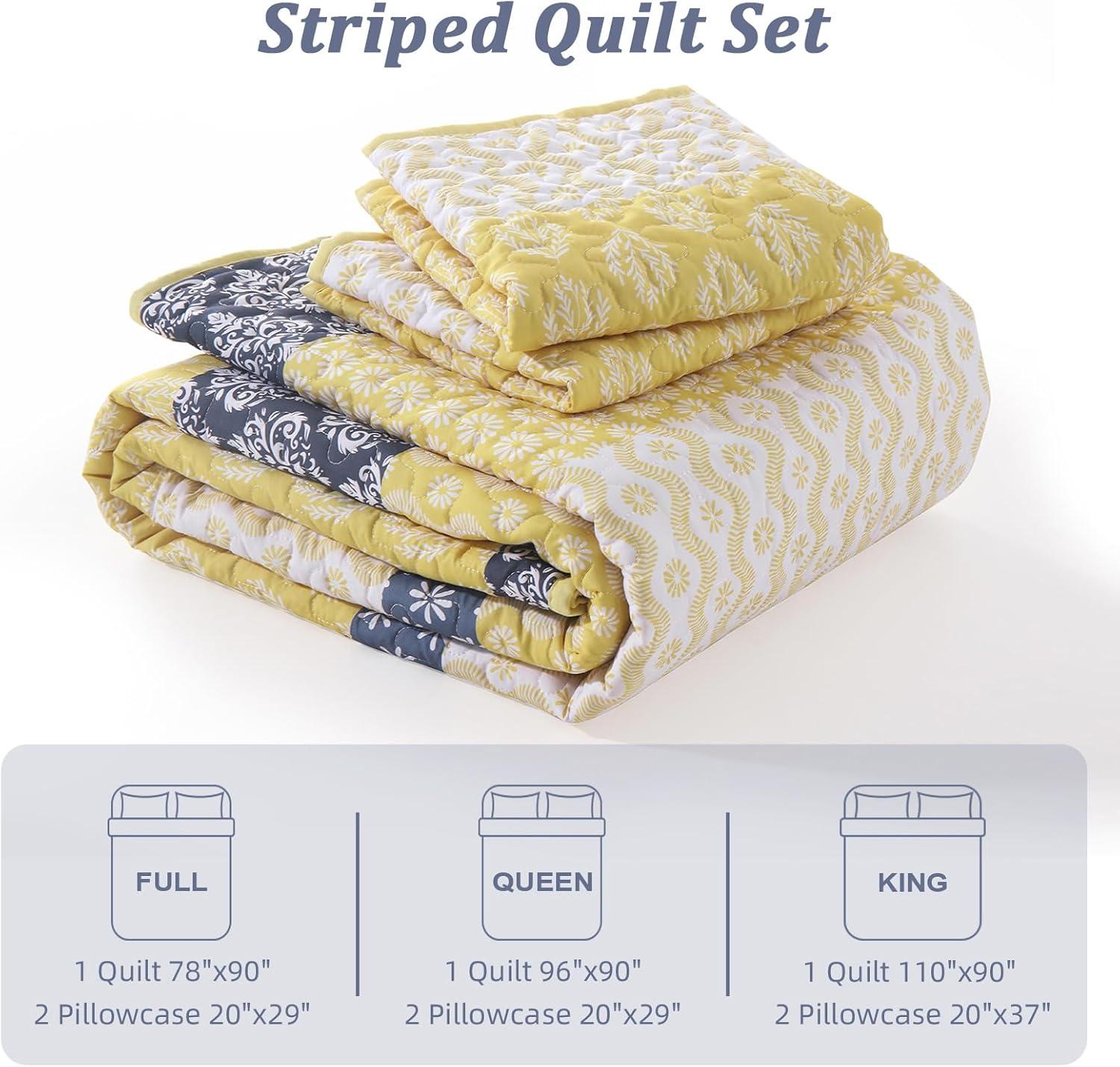 imageCottolester Aqua Quilt Set Queen Size Boho Striped Bedspread Lightweight Soft Microfiber Bedding Set 96quotx90quot 3 PiecesYellow