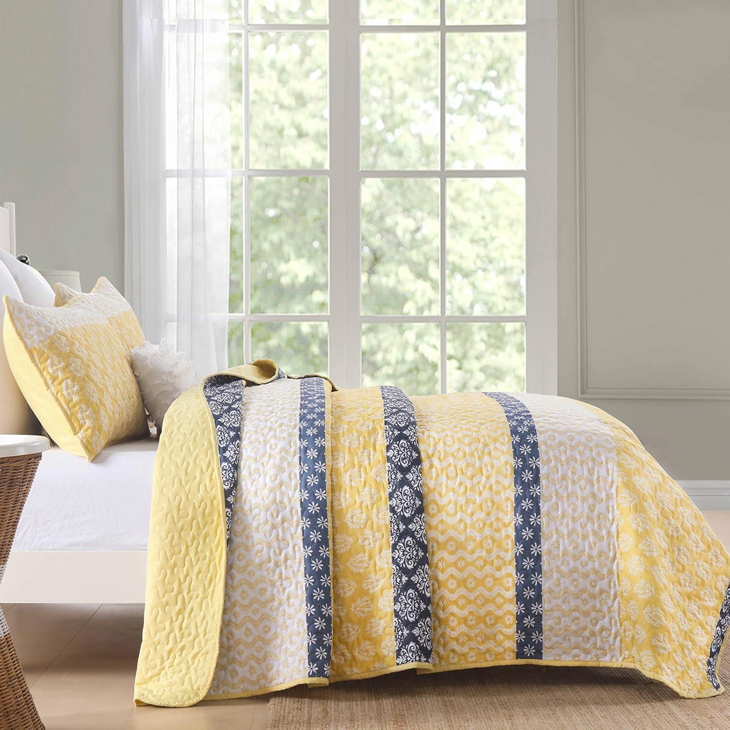 imageCottolester Aqua Quilt Set Queen Size Boho Striped Bedspread Lightweight Soft Microfiber Bedding Set 96quotx90quot 3 PiecesYellow