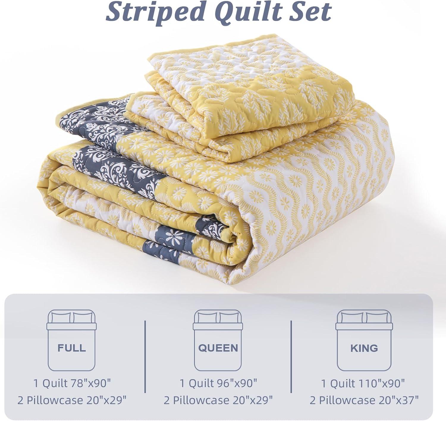imageCottolester Aqua Quilt Set Queen Size Boho Striped Bedspread Lightweight Soft Microfiber Bedding Set 96quotx90quot 3 PiecesYellow