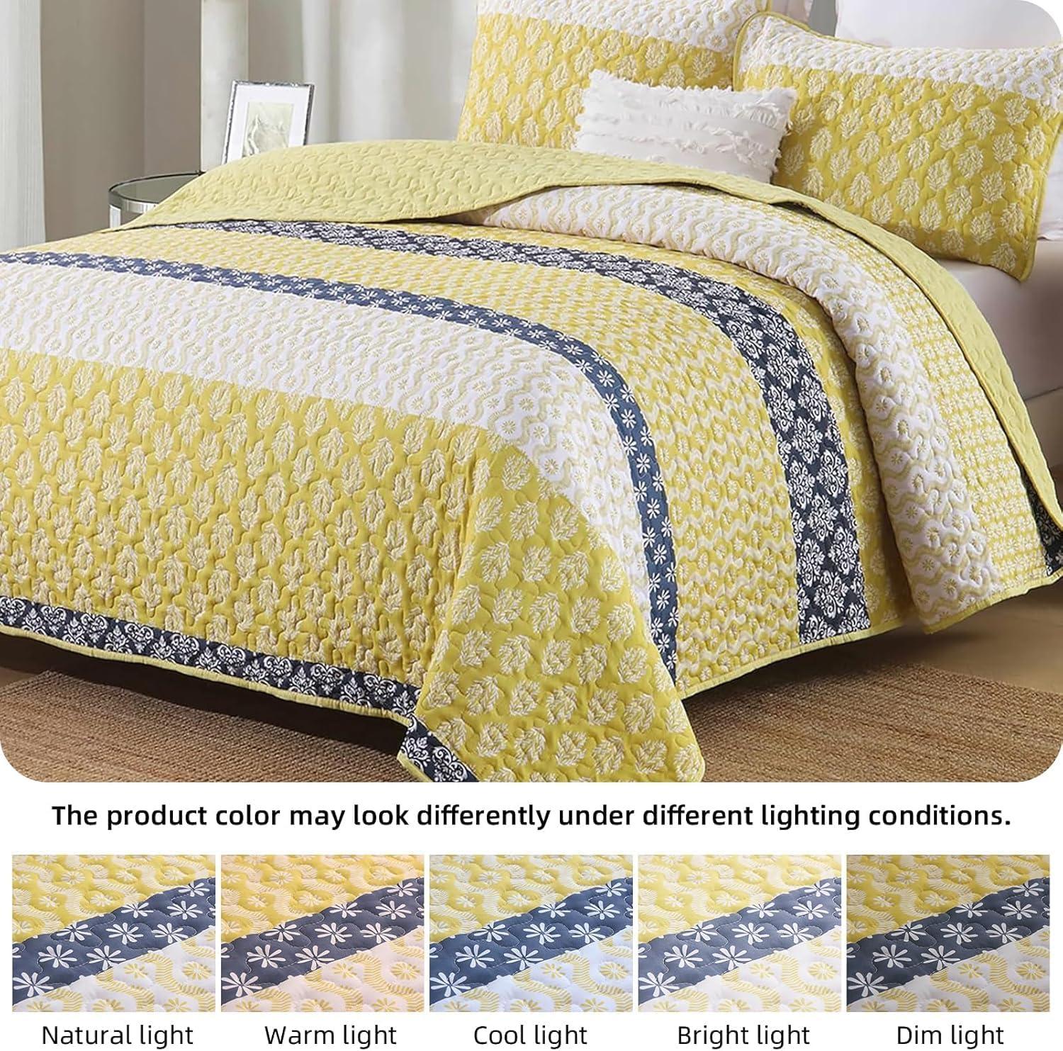 imageCottolester Aqua Quilt Set Queen Size Boho Striped Bedspread Lightweight Soft Microfiber Bedding Set 96quotx90quot 3 PiecesYellow