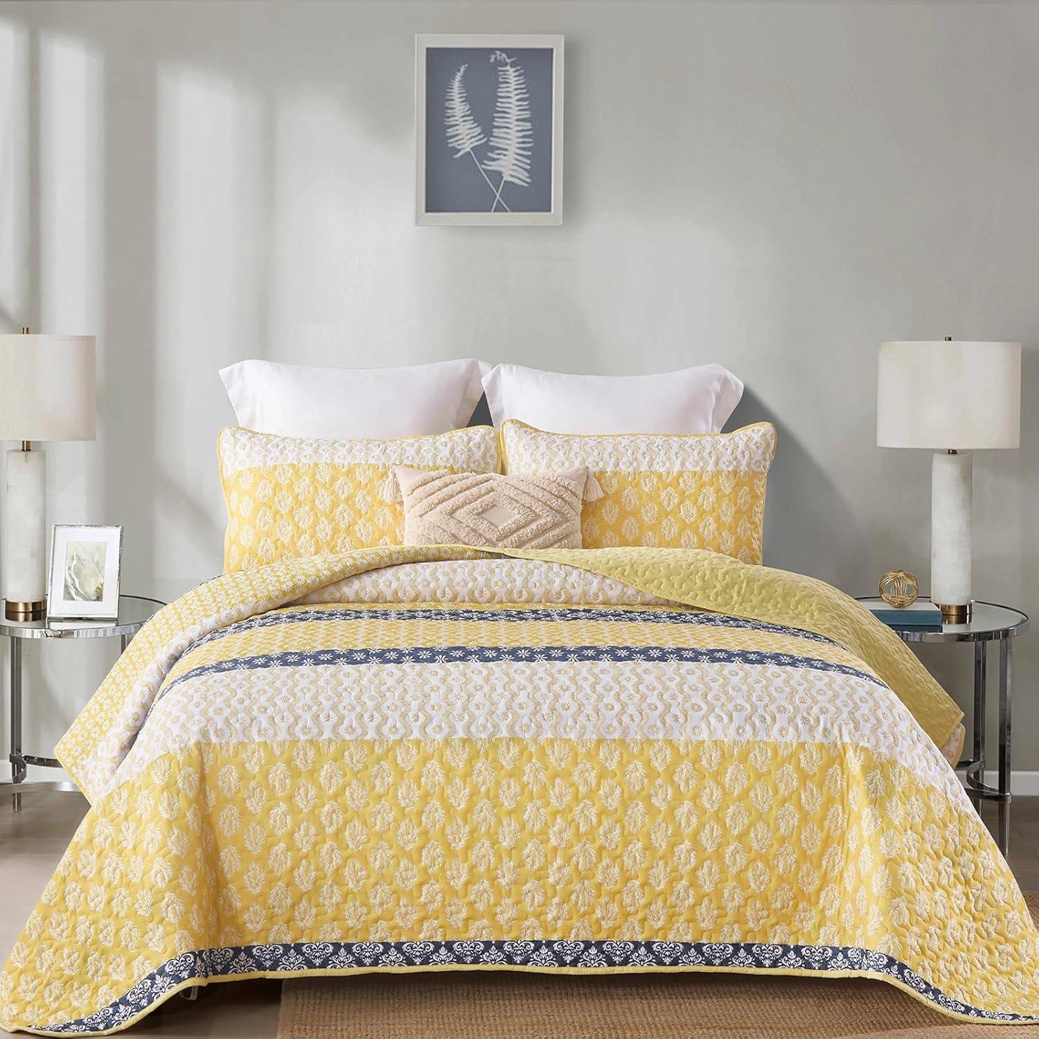 imageCottolester Aqua Quilt Set Queen Size Boho Striped Bedspread Lightweight Soft Microfiber Bedding Set 96quotx90quot 3 PiecesYellow