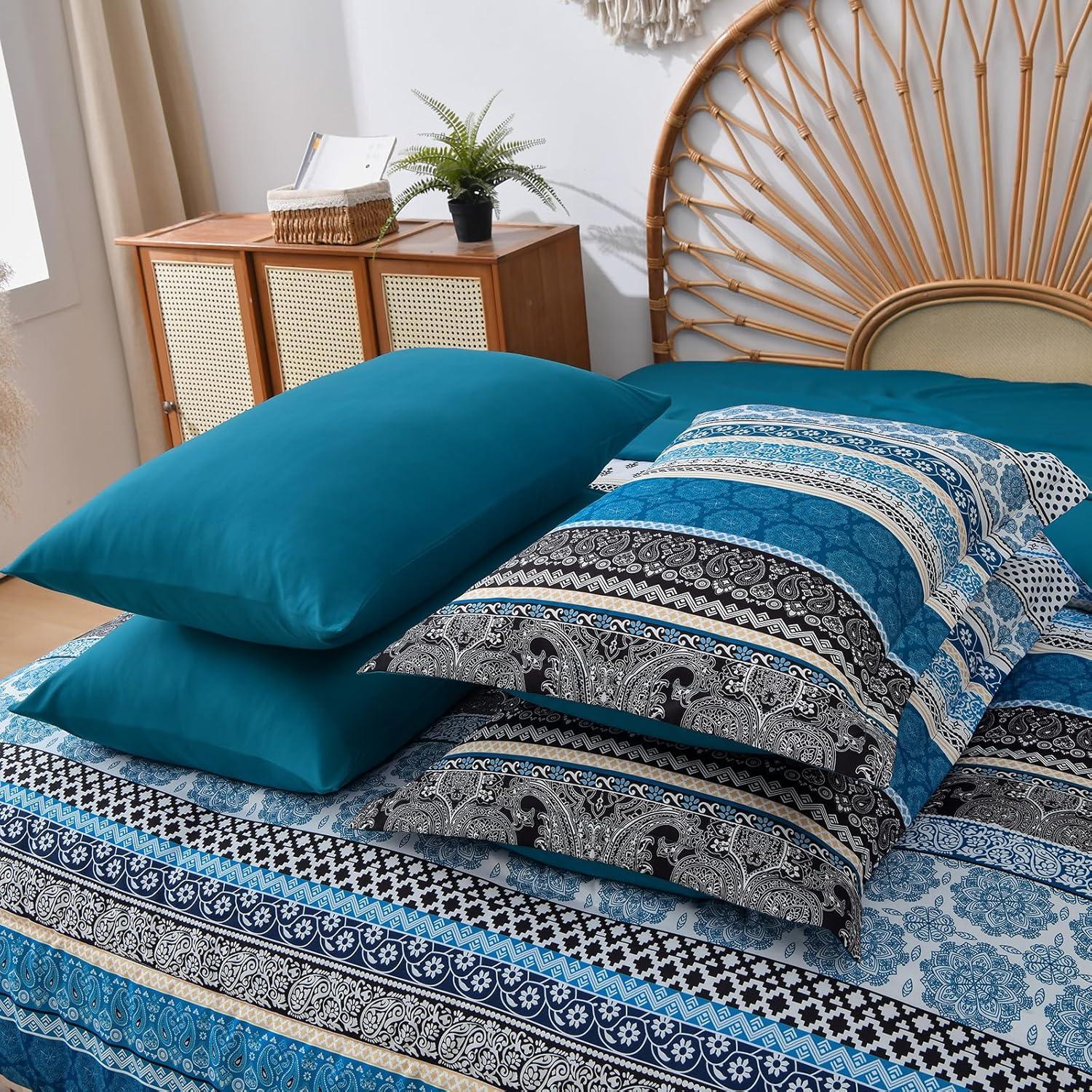 imageCottolester Boho Comforter Set Queen Size8 Piece Bed in a Bag Bohemian Striped Bedding Quilt SetPurple Paisley Floral Comforter and Sheet SetSoft Microfiber Complete Bedding Sets for All SeasonTeal Blue