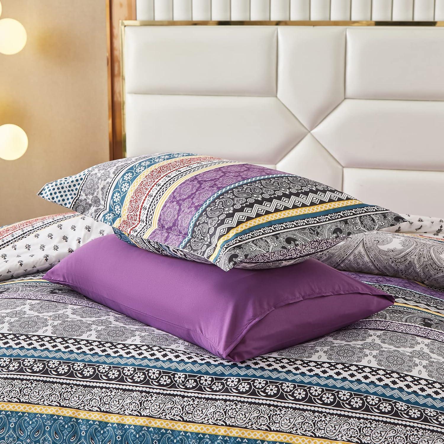 imageCottolester Boho Comforter Set Queen Size8 Piece Bed in a Bag Bohemian Striped Bedding Quilt SetPurple Paisley Floral Comforter and Sheet SetSoft Microfiber Complete Bedding Sets for All SeasonPurple