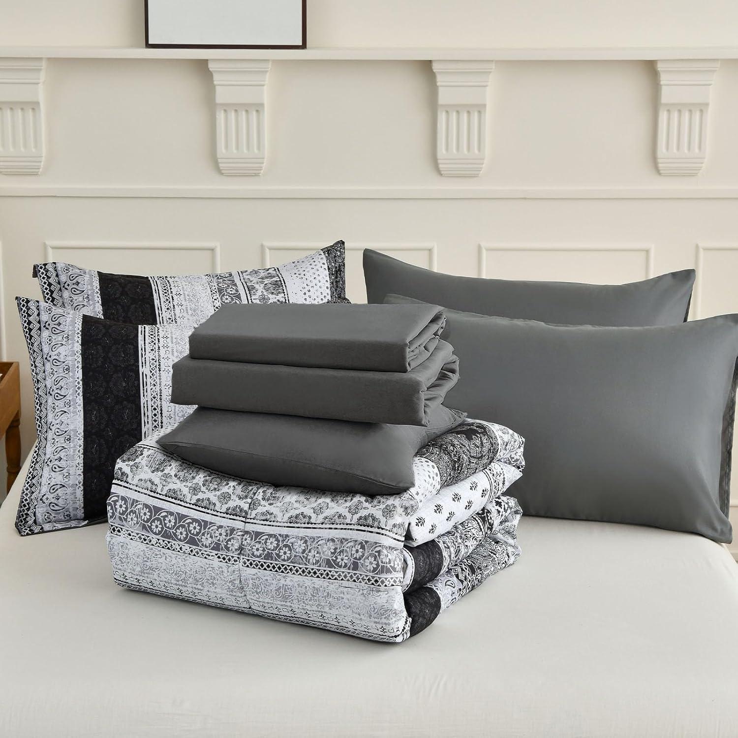 imageCottolester Boho Comforter Set Queen Size8 Piece Bed in a Bag Bohemian Striped Bedding Quilt SetPurple Paisley Floral Comforter and Sheet SetSoft Microfiber Complete Bedding Sets for All SeasonGray