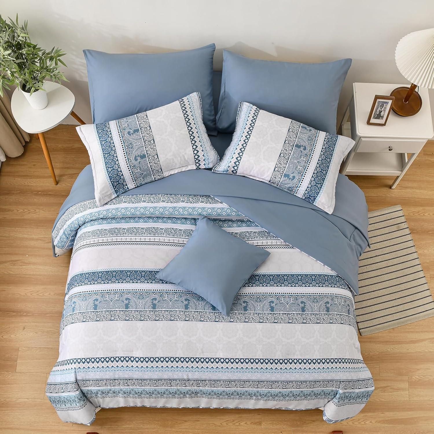 imageCottolester Boho Comforter Set Queen Size8 Piece Bed in a Bag Bohemian Striped Bedding Quilt SetPurple Paisley Floral Comforter and Sheet SetSoft Microfiber Complete Bedding Sets for All SeasonLight Blue