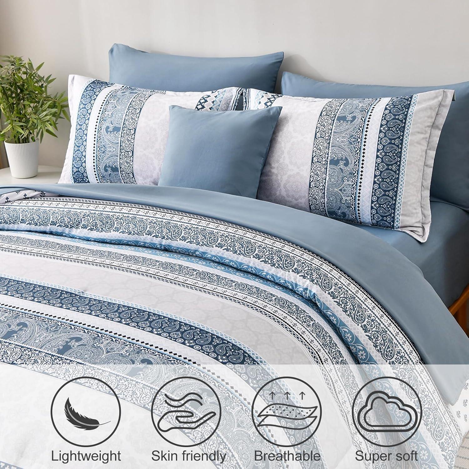 imageCottolester Boho Comforter Set Queen Size8 Piece Bed in a Bag Bohemian Striped Bedding Quilt SetPurple Paisley Floral Comforter and Sheet SetSoft Microfiber Complete Bedding Sets for All SeasonLight Blue