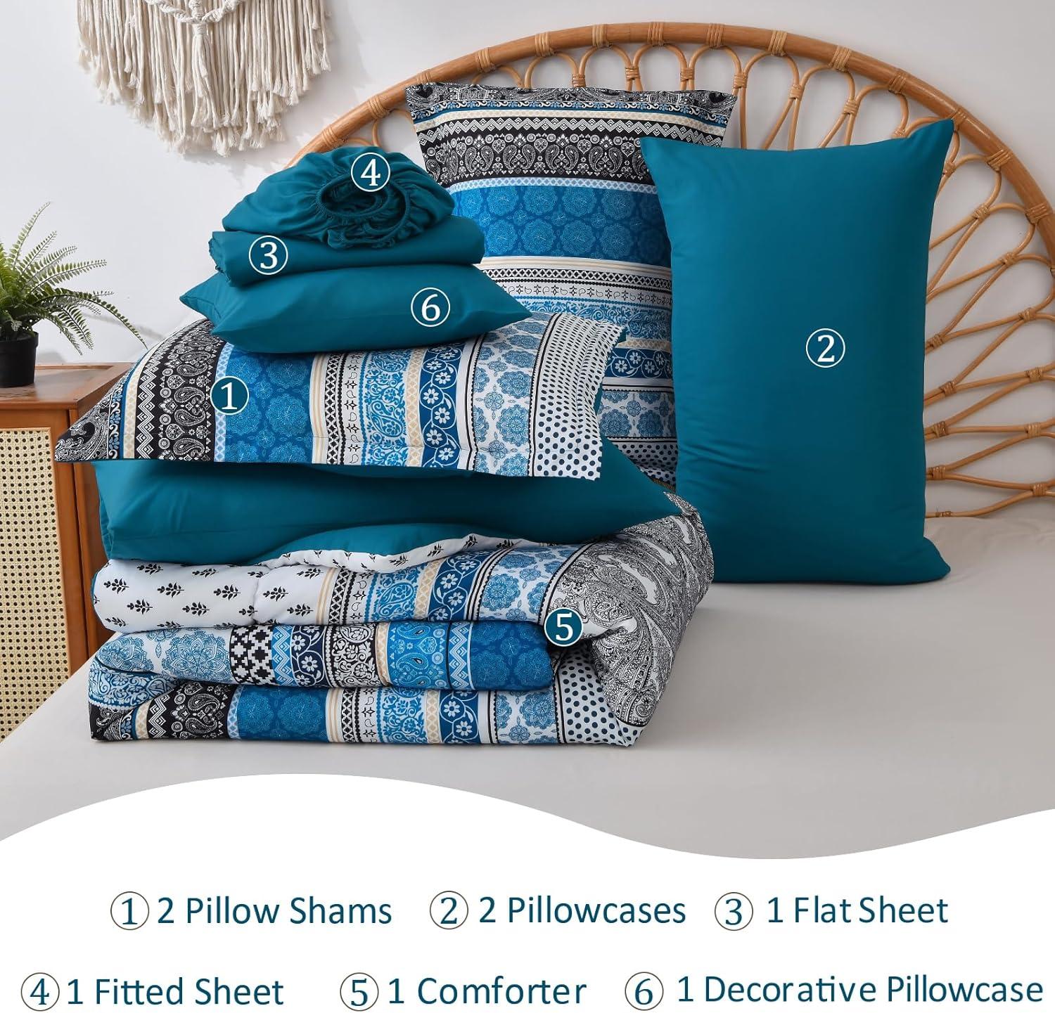 imageCottolester Boho Comforter Set Queen Size8 Piece Bed in a Bag Bohemian Striped Bedding Quilt SetPurple Paisley Floral Comforter and Sheet SetSoft Microfiber Complete Bedding Sets for All SeasonTeal Blue